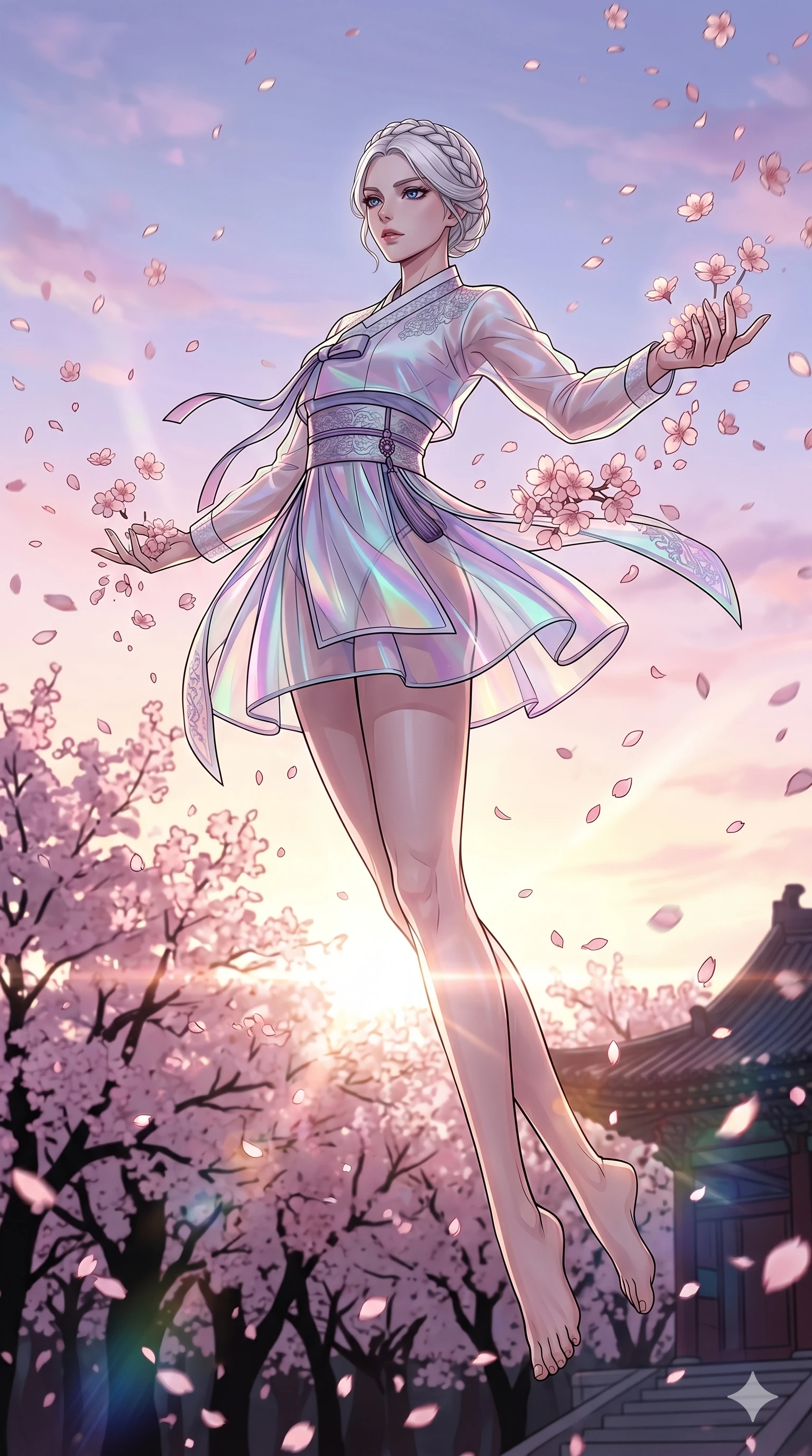 score_9, masterpiece, best quality, ultra-detailed, high-budget anime movie keyframe, cinematic anime lighting, intricate line art, Japanese woman. Low angle cowboy shot capturing a powerful motion and statuesque presence. twisting in mid-air while catching falling cherry blossoms at dawn. She has an absolutely perfect 8-heads proportion, an exceptionally tall and slender female figure with an ultra-slim waist and impossibly long slender legs. strictly human anatomy, two legs only, no extra limbs, clearly defined legs and arms, perfect anatomy, perfect hands and fingers. sharp v-shaped jawline, high-bridge nose, intricate jewel-like eyes, thick eyelashes, glossy lips. Wearing Modern Traditional: Shortened cyber-hanbok with fusion silk robes and transparent panels. The scene is illuminated by dramatic atmospheric lighting and vibrant color palettes. , 2k, ultra detail, master piece, 9:16 ratio