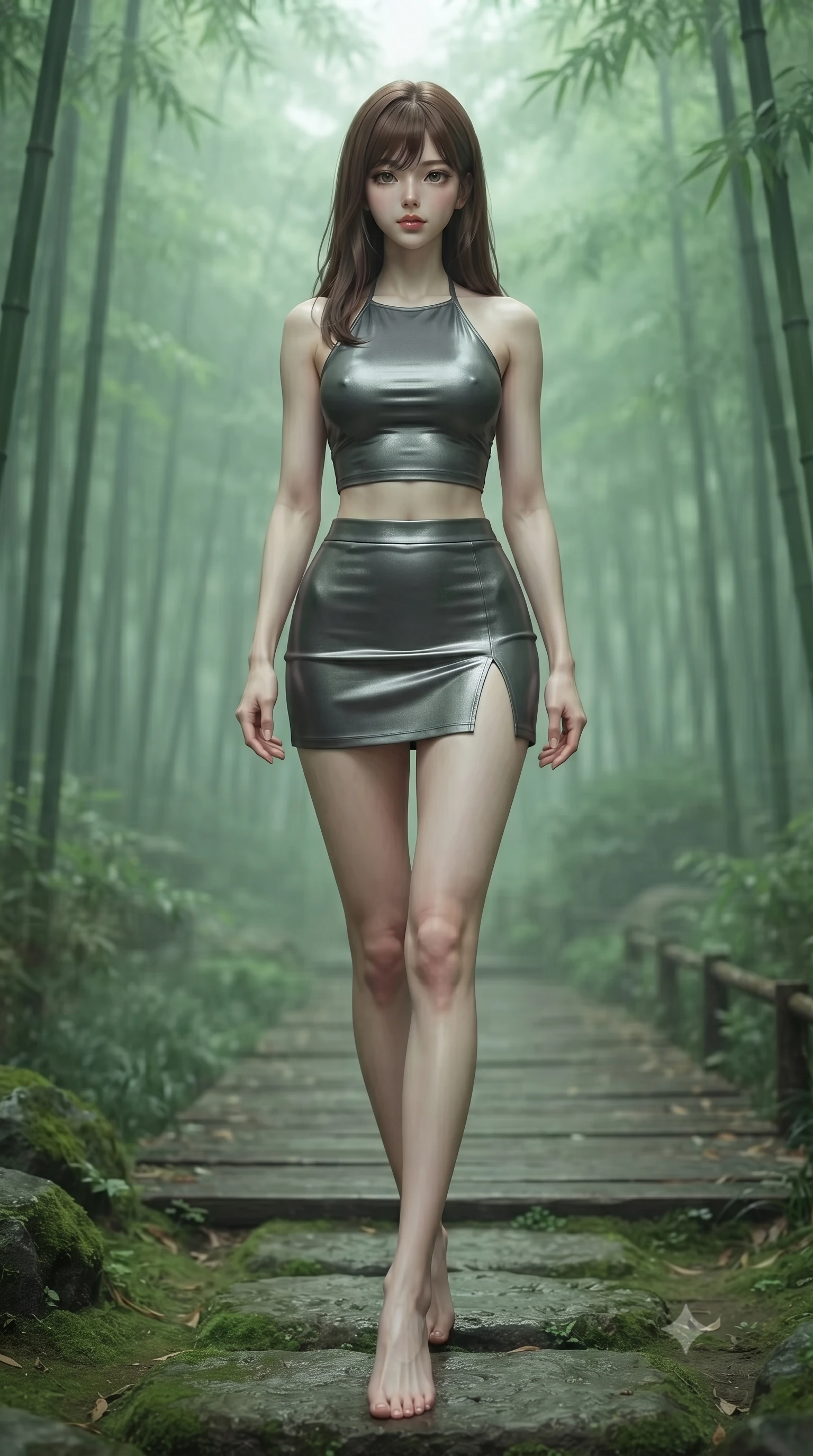 score_9, masterpiece, best quality, ultra-detailed, high-budget anime keyframe, editorial fashion photography, tasteful artistic composition, Korean woman woman. low angle full-body shot from head to toe showing her feet, filling the entire 9:16 vertical frame with her statuesque presence, stretching her vertical silhouette. stepping gracefully across a stone path in the garden the background shows a soft-focus a wooden path cutting through a misty green bamboo forest. She has an absolutely perfect, statuesque 8.5-heads proportion, an exceptionally tall and slender model-like female figure with impossibly long slender legs and an ultra-slim waist. sharp v-shaped jawline, high-bridge nose, intricate jewel-like eyes with depth, thick eyelashes, glossy lips with a natural sheen. wearing a body-hugging halter crop top in charcoal gray, paired with a matching side-slit mini skirt. soft, diffused green-tinted light creating a calm, meditative atmosphere. ultra-reflective glossy finish, specular highlights, metallic sheen, high-contrast stereoscopic depth, volumetric dynamic lighting, 2k, ultra detail, master piece, 9:16 ratio