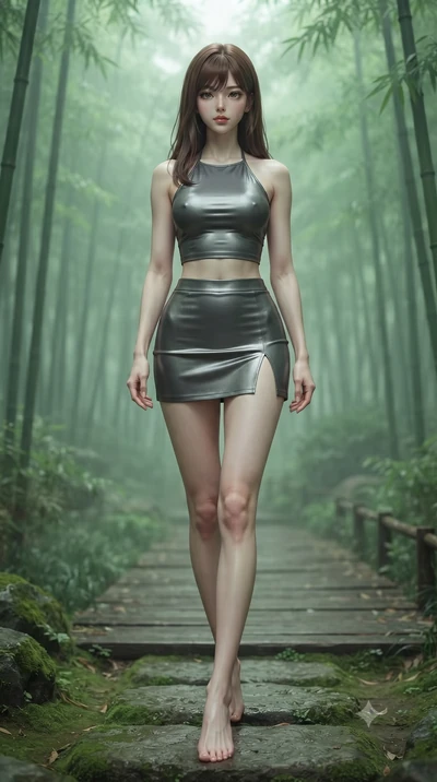 score_9, masterpiece, best quality, ultra-detailed, high-budget anime keyframe, editorial fashion photography, tasteful artistic composition, Korean woman woman. low angle full-body shot from head to toe showing her feet, filling the entire 9:16 vert