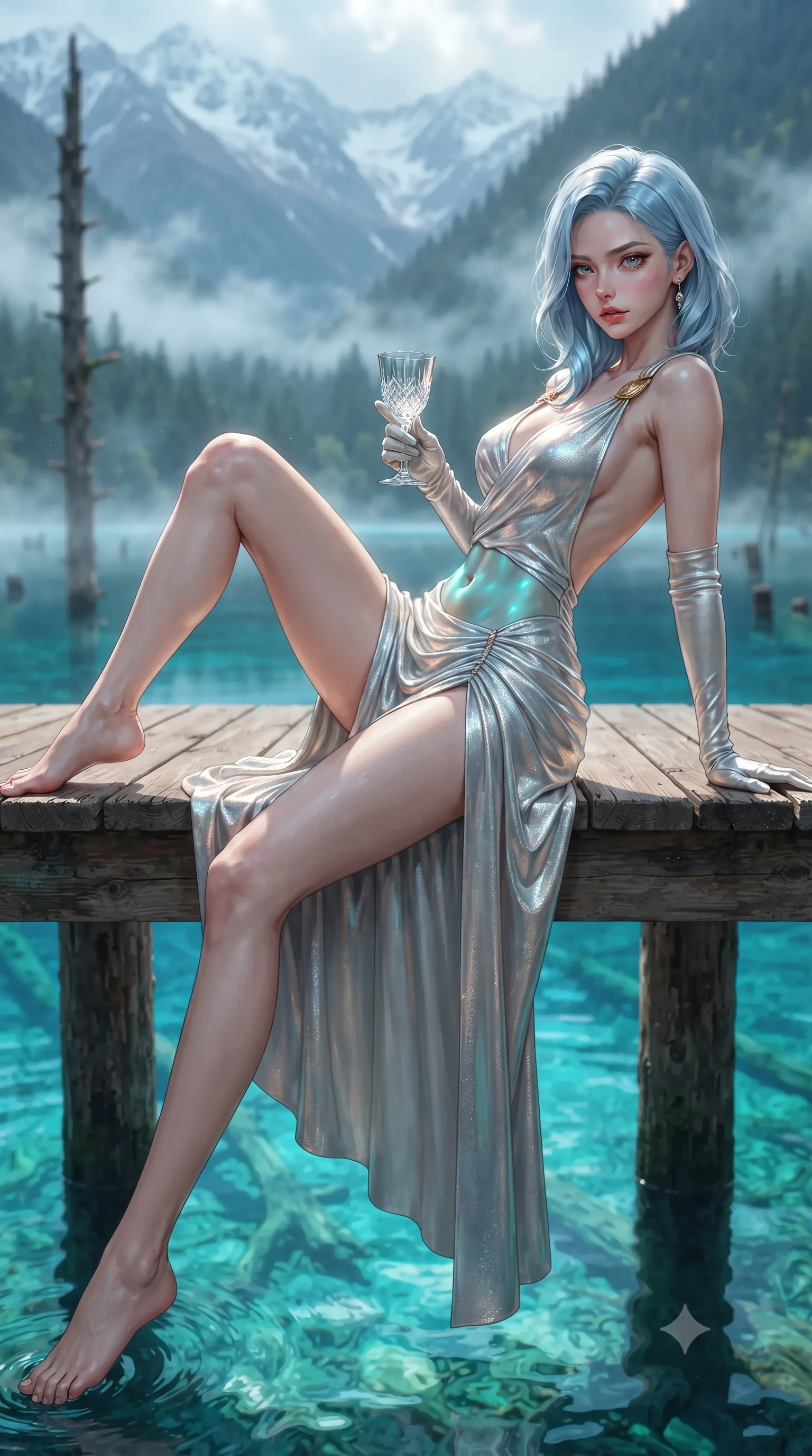score_9, masterpiece, best quality, ultra-detailed, high-budget anime keyframe, editorial fashion photography, tasteful artistic composition, Korean woman. low angle full-body shot from head to toe showing her feet, filling the entire 9:16 vertical frame with her statuesque presence, stretching her vertical silhouette. reclining on her side in an elegant Cleopatra pose with one knee drawn up, the dramatic contour of her rounded hips and long slender legs commanding the 9:16 vertical frame while standing on the wooden lake viewing pier, arching her back as ancient submerged tree trunks lie crystal-clear through multi-hued cyan waters. The composition keeps background elements in soft focus with creamy bokeh. rising morning mist ribbons and snow-dusted Tibetan peaks softened in mystical shallow focus. She has an exceptionally tall and slender model-like 8.5-heads proportion, an ultra-slim waist, a flat toned midriff, narrow delicate ribcage, and beautifully sculpted feminine hips creating a graceful, slim hourglass silhouette without any bulky heaviness, with impossibly long slender legs. sharp v-shaped jawline, high-bridge nose, intricate jewel-like eyes with depth, thick eyelashes, glossy parted lips with a natural sheen, intensely captivating and seductive bedroom-eyes expression, flawlessly proportioned anatomical accuracy, strict slender model proportions, natural body alignment, perfectly sculpted long slender limbs, ultra-slim waistline, clean dynamic posture without body distortion. wearing a high-slit Grecian goddess draped gown with asymmetrical gold shoulder clasps and hip gathering in shimmering silver mercury and pearl white, crafted from luxurious metallic lamé that shifts radiance with every step, accessorized with opera-length satin gloves and a vintage crystal glass, the dramatically scooped open back descending to the base of her spine, accentuating her razor-sharp statuesque lines and slim hourglass silhouette. illuminated by luminous turquoise lake surface reflections accentuating her sculpted midriff, narrow waist, and curvy hips. ultra-reflective glossy finish, specular highlights, rich textural contrasts, high-contrast stereoscopic depth, volumetric dynamic lighting, 2k, ultra detail, master piece, 9:16 ratio