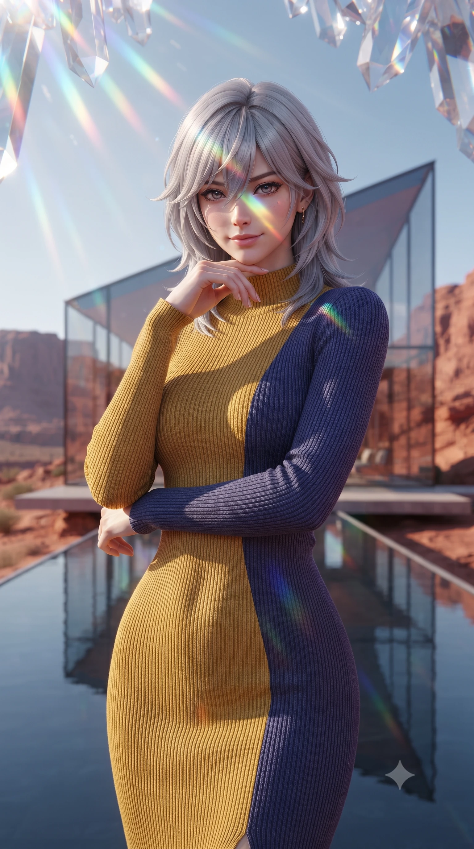 score_9, masterpiece, best quality, ultra-detailed, high-budget anime keyframe, editorial fashion photography, tasteful artistic composition, Japanese woman. close-up cowboy shot from the waist and thighs up, the character dominates the composition, filling the frame with her large presence, background elements kept in soft focus. Resting her chin on the backs of her fingers in a confident pose. set against a soft-focus background of a minimalist glass house with sharp geometric angles set in a red rock desert landscape with an infinity reflecting pool that mirrors the cloudless sky and clean architectural lines cutting against natural rock formations. She has an exceptionally elegant and slender, willowy female figure with an ultra-slim waist, a gracefully sculpted slender torso, and a refined slim physique. sharp v-shaped jawline, high-bridge nose, intricate jewel-like eyes with depth, thick eyelashes, glossy lips with a natural sheen. wearing a body-hugging ribbed knit dress in a striking mustard yellow and indigo blue colorway, sculpting her slender proportions. cascading rainbow prismatic light refracting through crystal formations overhead. 2k, ultra detail, master piece, 9:16 ratio