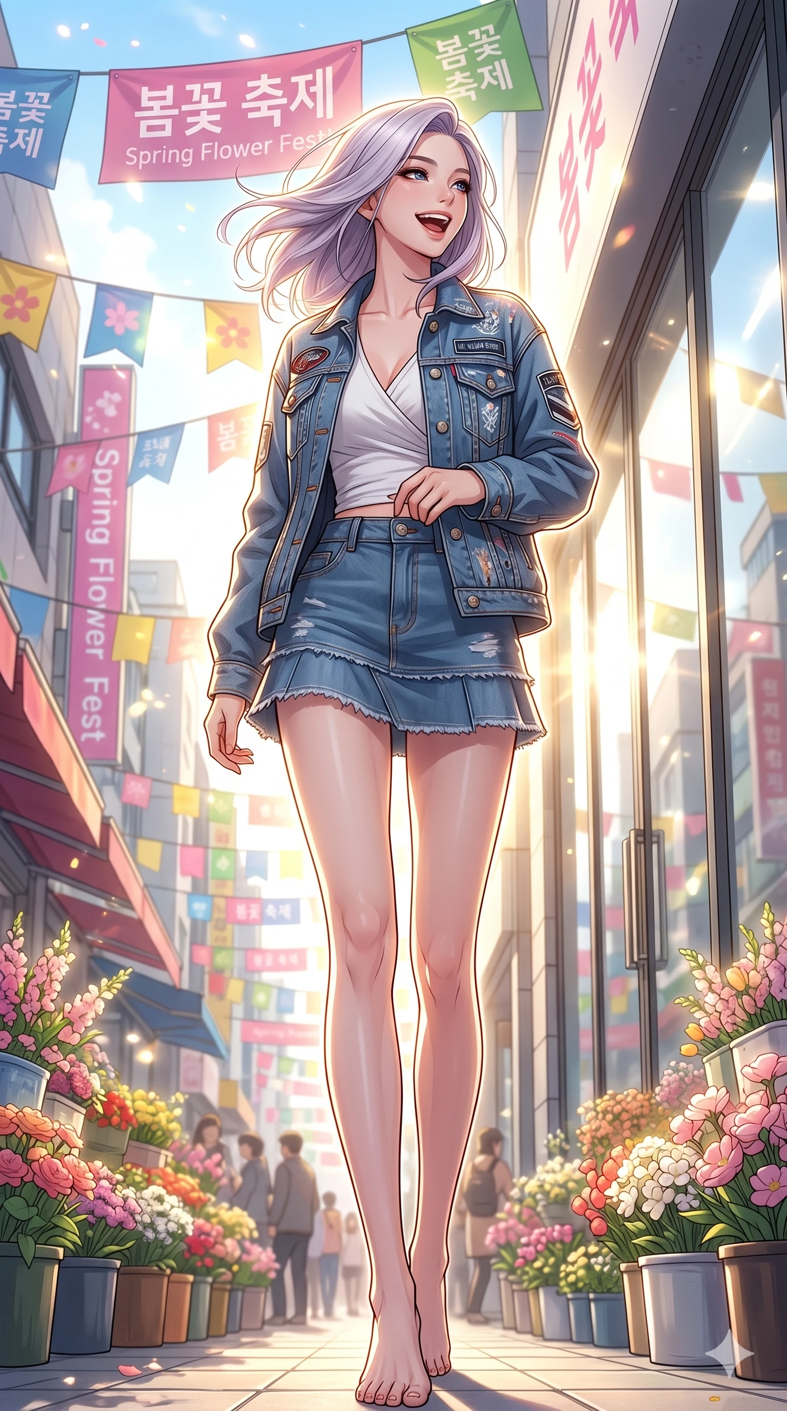 score_9, masterpiece, best quality, ultra-detailed, high-budget anime keyframe, vibrant anime aesthetic, Caucasian woman, strictly human ears. low angle full-body shot from head to toe showing her feet, filling the entire 9:16 vertical frame with her statuesque presence, stretching her vertical silhouette. She is turning her head with a wind-swept laugh and a bright, cheerful expression by a vibrant spring flower festival street with colorful banners and bright sunlight (Code-P20-010). She has an absolutely perfect 8-heads proportion, an exceptionally tall and slender female figure with impossibly long slender legs and an ultra-slim waist. V-shaped jawline, high-bridge nose, intricate jewel-like eyes with depth, thick eyelashes, glossy lips with a natural sheen. wearing a modern fusion denim jacket over a cotton wrap top and denim skirt. She is bathed in bright morning sun reflecting off the glass panels, creating a glowing aura. 2k, ultra detail, master piece, 9:16 ratio
