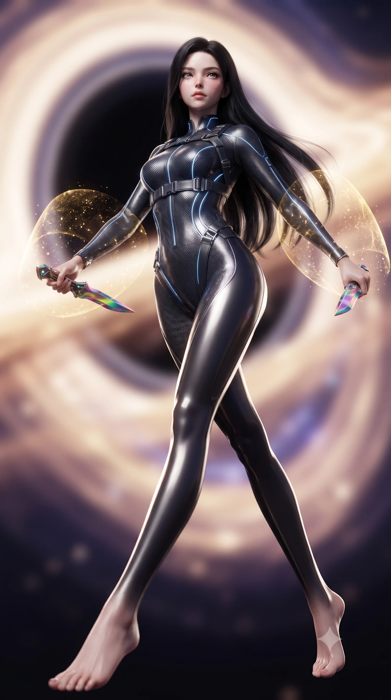 score_9, masterpiece, best quality, ultra-detailed, high-budget anime keyframe, editorial fashion photography, tasteful artistic composition, Korean woman. low angle full-body shot from head to toe showing her feet, filling the entire 9:16 vertical frame with her statuesque presence, stretching her vertical silhouette. striding forward with commanding supermodel grace, weapon held at the ready, her 8.5-heads statuesque silhouette dominating the vertical frame from head to toe while pivoting dynamically in zero-gravity with arms outstretched as the translucent energy shields pulse with golden particle light. The composition keeps background elements in soft focus with creamy bokeh. swirling black hole singularity core and glowing accretion disk blurred into dazzling gold, violet, and pitch-black bokeh. She has an absolutely perfect, statuesque 8.5-heads proportion, an exceptionally tall and slender model-like female figure with impossibly long slender legs, a toned flat midriff, and an ultra-slim waist. sharp v-shaped jawline, high-bridge nose, intricate jewel-like eyes with depth, thick eyelashes, glossy lips with a natural sheen, flawlessly proportioned anatomical accuracy, strict slender model proportions, natural body alignment, perfectly sculpted long slender limbs, ultra-slim waistline, clean dynamic posture without body distortion. wearing an aerodynamic dark titanium carbon-mesh jumper with glowing blue fiber lines, holding twin chrome vibro-daggers with deadly supermodel poise in high-gloss iridescent rainbow carbon with prism holographic sheen, crafted from semi-translucent cybernetic carbon-vinyl interwoven with glowing micro-filaments, reinforced by a sleek titanium tactical harness and glowing micro-energy straps, the sleek second-skin cut tightly hugging her graceful clavicle, narrow waist, and feminine curves with athletic precision. illuminated by intense directional rim lights sharply defining her ultra-slim waist, long legs, and flat midriff. ultra-reflective glossy finish, specular highlights, dark metallic sheen, high-contrast stereoscopic depth, volumetric dynamic lighting, 2k, ultra detail, master piece, 9:16 ratio