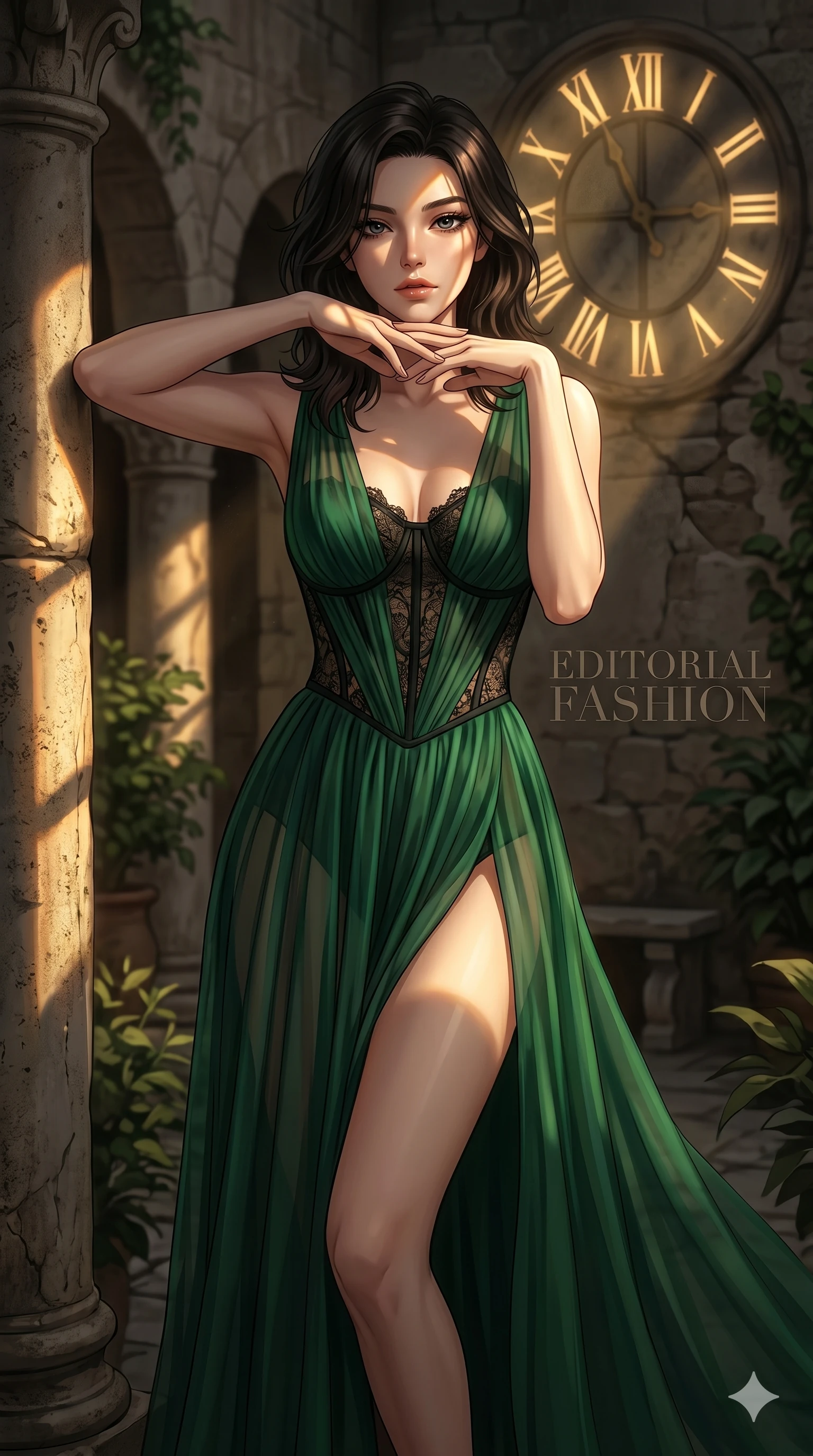score_9, masterpiece, best quality, ultra-detailed, high-budget anime keyframe, editorial fashion photography, tasteful artistic composition, Korean woman. cowboy shot from the thighs up, character and outfit filling the frame for maximum editorial presence. resting her chin on the backs of her fingers, casting a sultry gaze leaning against a stone pillar in a quiet courtyard of a Tuscan villa (Code-P18-144). She has an absolutely perfect 8-heads proportion, an exceptionally tall and slender female figure with impossibly long slender legs and an ultra-slim waist. V-shaped jawline, high-bridge nose, intricate jewel-like eyes with depth, thick eyelashes, glossy lips with a natural sheen. wearing a sheer chiffon gown with a lace corset bodice and high slit. dramatic chiaroscuro with a single golden key light filtering through the clock face. 2k, ultra detail, master piece, 9:16 ratio