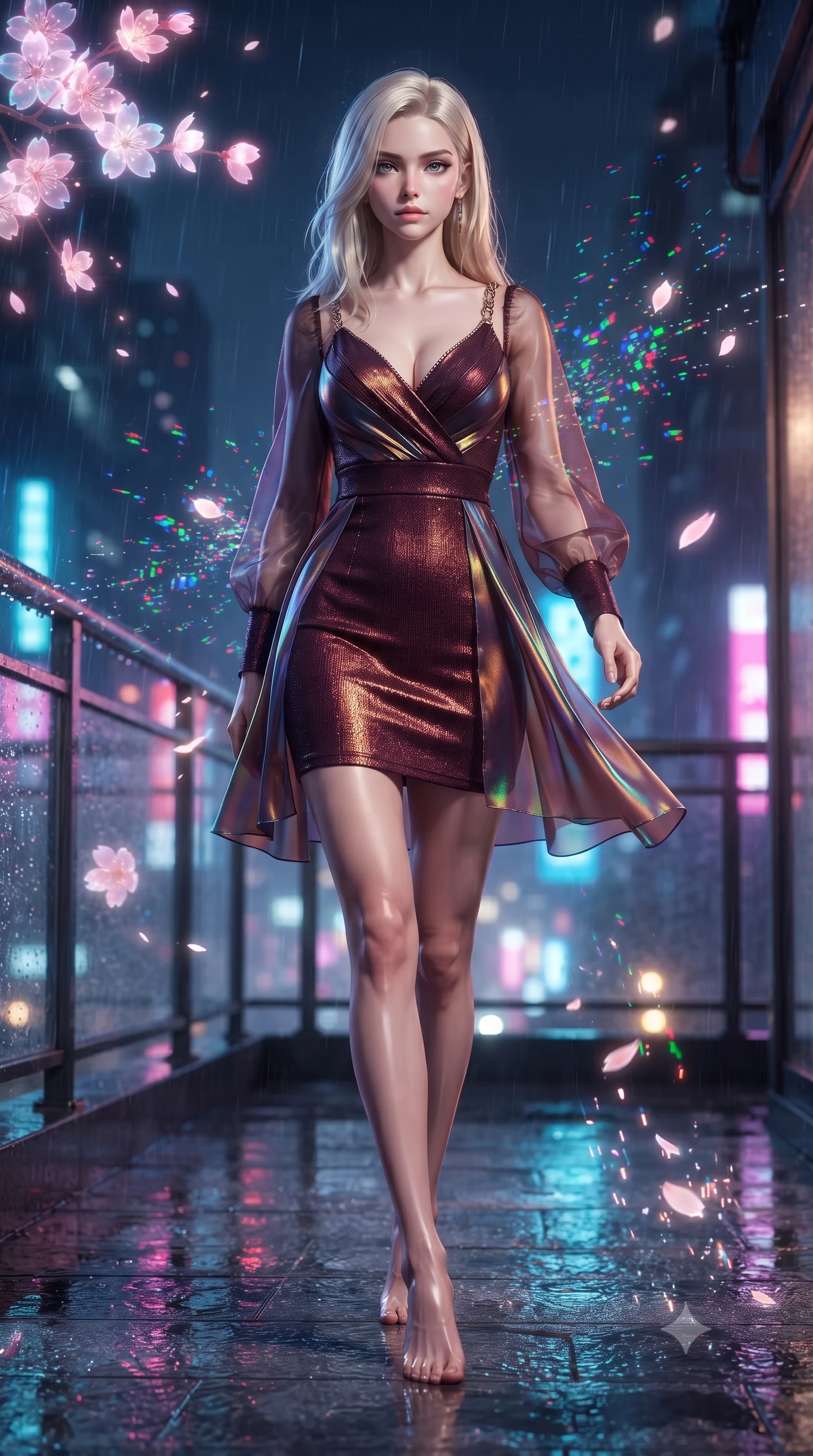 score_9, masterpiece, best quality, ultra-detailed, high-budget anime keyframe, editorial fashion photography, tasteful artistic composition, Caucasian woman. low angle full-body shot from head to toe showing her feet, filling the entire 9:16 vertical frame with her statuesque presence, stretching her vertical silhouette. stepping forward in a proud dynamic stride, her vertical silhouette filling the frame with statuesque presence while pivoting gracefully on a rain-slicked balcony as RGB glitch noise scatters nearby, digital sakura petals flickering into binary code sparks as they float by. She has an absolutely perfect, statuesque 8.5-heads proportion, an exceptionally tall and slender model-like female figure with impossibly long slender legs and an ultra-slim waist. sharp v-shaped jawline, high-bridge nose, intricate jewel-like eyes with depth, thick eyelashes, glossy lips with a natural sheen, flawlessly proportioned anatomical accuracy, natural body alignment, perfectly sculpted elegant limbs, clean dynamic posture without body distortion. wearing a sleek bodycon knit dress with strategic sheer organza sleeve panels in deep burgundy and bronze, crafted from iridescent chiffon that shifts colors in the light, adorned with delicate metallic chain straps along the neckline, the form-contouring material highlighting her ultra-slim waist and long lines. illuminated by glowing holographic sakura radiance and wet specular reflections. ultra-reflective glossy finish, specular highlights, metallic sheen, high-contrast stereoscopic depth, volumetric dynamic lighting, 2k, ultra detail, master piece, 9:16 ratio