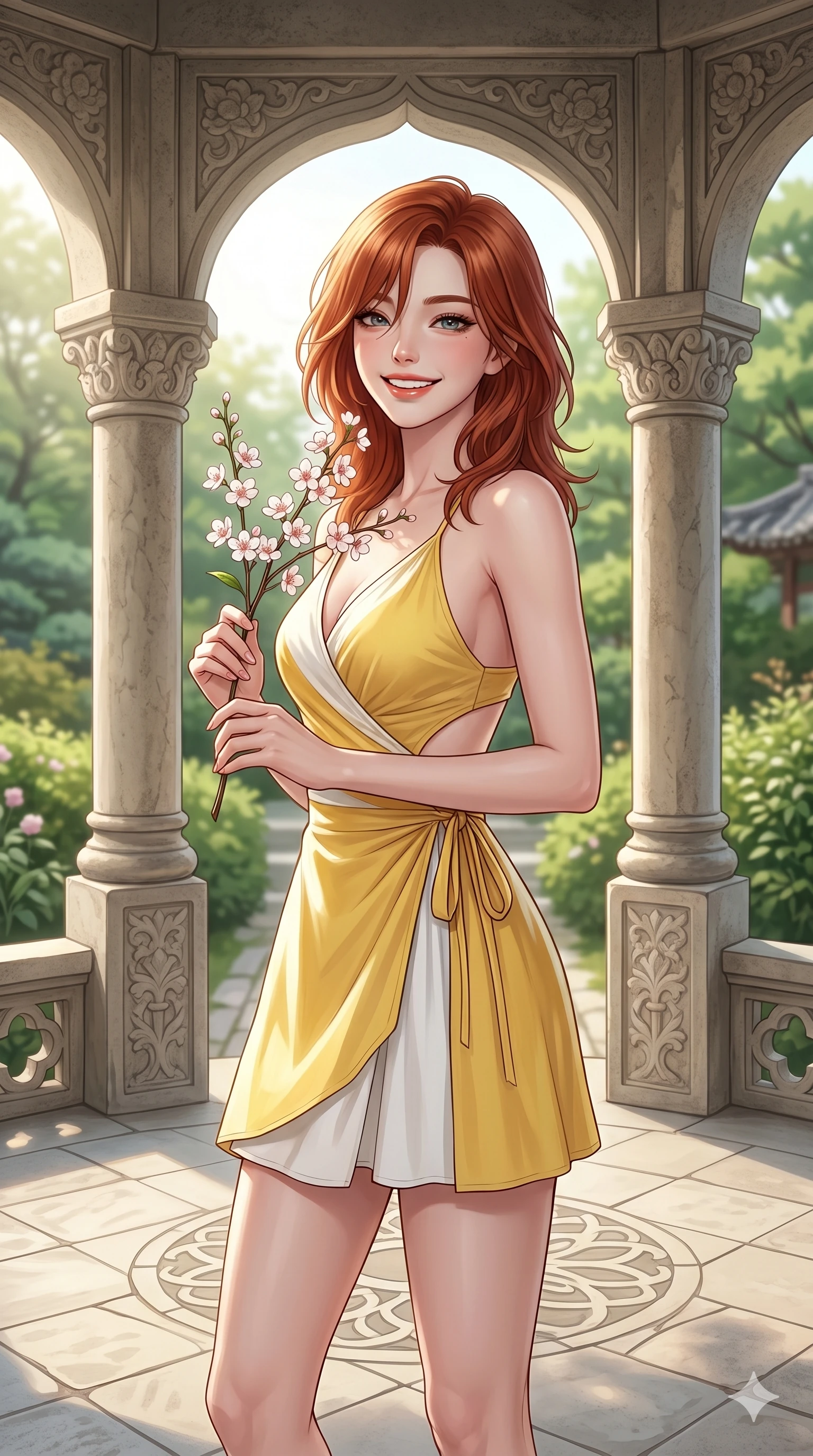 score_9, masterpiece, best quality, ultra-detailed, high-budget anime keyframe, editorial fashion photography, tasteful artistic composition, Korean woman. cowboy shot from the thighs up, character and outfit filling the frame for maximum editorial presence. holding a small flowers branch, looking at the camera with a bright, joyful smile inside a historic stone pavilion surrounded by green gardens. She has an absolutely perfect 8-heads proportion, an exceptionally tall and slender female figure with impossibly long slender legs and an ultra-slim waist. V-shaped jawline, high-bridge nose, intricate jewel-like eyes with depth, thick eyelashes, glossy lips with a natural sheen. wearing a yellow and white cotton wrap dress with a tasteful side cutout and bare shoulders. drenched in morning sunlight casting a soft, clean glow over the stone pavilion. 2k, ultra detail, master piece, 9:16 ratio