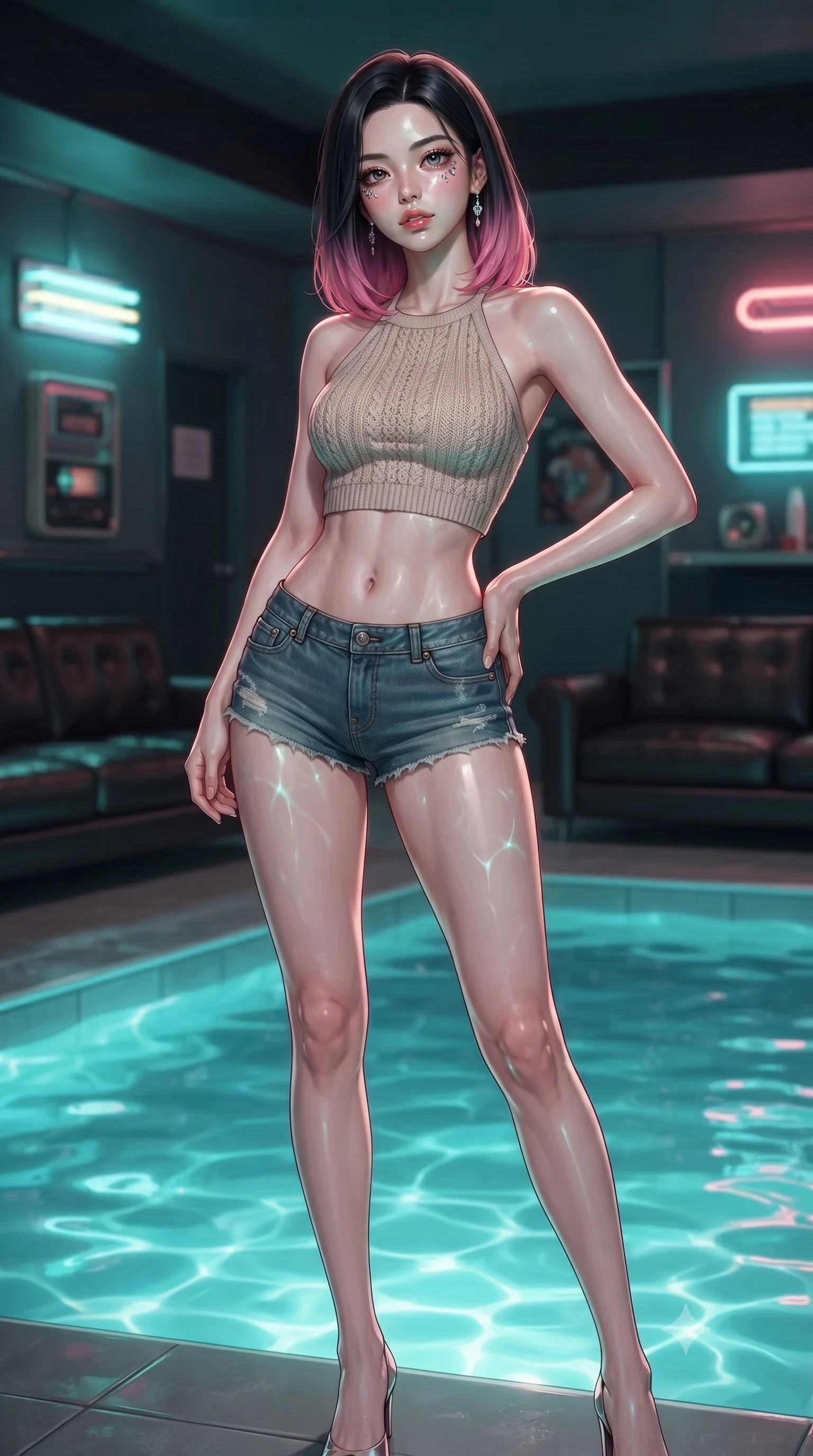 score_9, masterpiece, best quality, ultra-detailed, high-budget anime keyframe, editorial fashion photography, tasteful artistic composition, Korean woman. low angle full-body shot from head to toe showing her feet, filling the entire 9:16 vertical frame with her statuesque presence, stretching her vertical silhouette. posing confidently with one hand on her hip, stretching her statuesque body to emphasize her curves the background shows a soft-focus a retro-cyber pool room with glowing turquoise water and dark leather lounges. She has an absolutely perfect, statuesque 8.5-heads proportion, an exceptionally tall and slender model-like female figure with impossibly long slender legs and an ultra-slim waist. sharp v-shaped jawline, high-bridge nose, intricate jewel-like eyes with depth, thick eyelashes, glossy lips with a natural sheen. wearing a body-hugging chic knit halter crop top paired with denim micro-shorts, showing her delicately sculpted midriff. rippling water reflections mapping across her features from below. ultra-reflective glossy finish, specular highlights, metallic sheen, high-contrast stereoscopic depth, volumetric dynamic lighting, 2k, ultra detail, master piece, 9:16 ratio