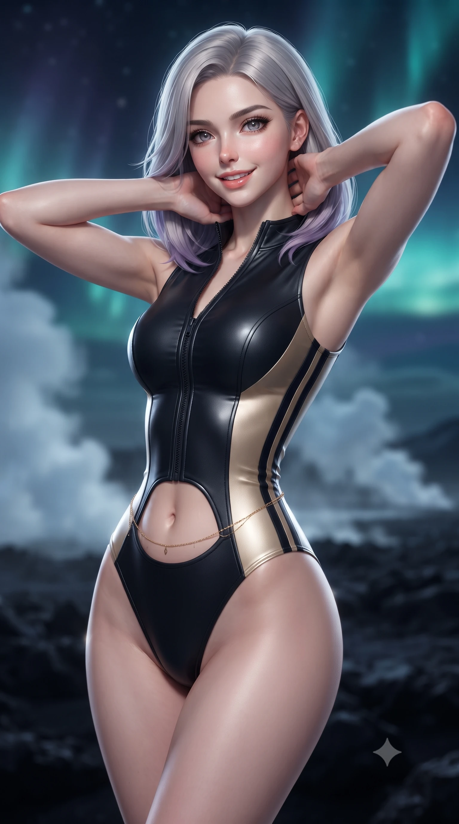 score_9, masterpiece, best quality, ultra-detailed, high-budget anime keyframe, editorial fashion photography, tasteful artistic composition, Caucasian woman. close-up cowboy shot from the waist and thighs up, the character dominates the composition, filling the frame with her large presence. resting both hands lightly behind her neck with elbows raised, arching her spine to highlight her narrow waist, flat midriff, and breathtaking collarbones while twisting her slender torso in an alluring S-curve, glowing underwater volcanic heat lamps tracing her narrow waist, flat midriff, and hips. The background shows a soft-focus rising geothermal steam clouds, volcanic black lava fields, and dark arctic night sky blurred into milky turquoise, charcoal, and aurora-violet bokeh. She has an exceptionally elegant, slender, and willowy female figure with an ultra-slim waist, flat toned midriff, narrow ribcage, and sculpted feminine hips creating an alluring, slim hourglass silhouette without bulk. sharp v-shaped jawline, high-bridge nose, sparkling eyes with hypnotic seductive depth, thick curled eyelashes, glossy parted lips with a natural dewy peach sheen, alluring bedroom-eyes with an enchanting coquettish smile, exuding magnetic siren charisma and sophisticated glamour, flawlessly proportioned anatomical accuracy, strict slender model proportions, natural body alignment, perfectly sculpted long slender limbs, ultra-slim waistline, clean dynamic posture without body distortion. wearing a form-contouring wet-look neoprene zip-front maillot with high-cut leg openings and racing side stripes in midnight obsidian black and liquid champagne gold, crafted from fluid liquid silk satin that clings smoothly to every curve with a dewy sheen, accented with a dainty gold belly chain resting across her flat midriff and curving hips, the precision-cut side openings and low-back scoop framing her graceful spine and the sensual sweep of her slim, toned hips. illuminated by steam particle light scatter and sharp icy-platinum rim lights defining her razor-sharp jawline, narrow waist, and curvy hips. ultra-reflective glossy finish, specular highlights, rich textural contrasts, high-contrast stereoscopic depth, volumetric dynamic lighting, 2k, ultra detail, master piece, 9:16 ratio