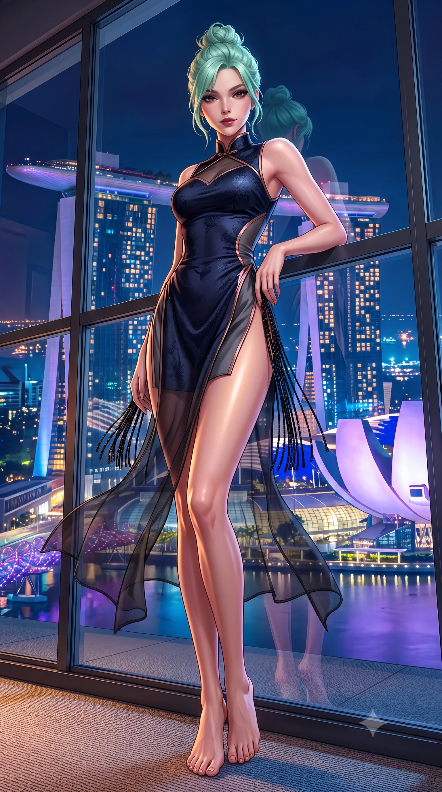 score_9, masterpiece, best quality, ultra-detailed, high-budget anime keyframe, semi-realistic 3D game render, editorial fashion photography, tasteful artistic composition, Japanese woman. low angle full-body shot from head to toe showing her feet, filling the entire 9:16 vertical frame with her statuesque presence, stretching her vertical silhouette. leaning back against the panoramic glass window with hips cocked back in an unapologetically alluring high-fashion stance, illuminated by the city night vista while twisting her slender torso in an alluring contrapposto stance, midnight tropical breezes sculpting her fluid gown against her waist and curvy hips. The surrounding environment is rendered in vivid detail and crisp panoramic clarity. detailed gown texture, glowing skin highlights, and Marina Bay architectural precision in high resolution. She has an exceptionally tall and slender model-like 8.5-heads proportion, an ultra-slim waist, a flat toned midriff, narrow delicate ribcage, and beautifully sculpted feminine hips creating a graceful, slim hourglass silhouette without any bulky heaviness, with impossibly long slender legs. sharp v-shaped jawline, high-bridge nose, intricate jewel-like dark sparkling eyes with dangerous depth, thick curled eyelashes, glossy parted lips with a rich wine sheen, smoldering seductive half-smile with bedroom-eyes, exuding effortless superiority and intoxicating dark allure, flawlessly proportioned anatomical accuracy, strict slender model proportions, natural body alignment, perfectly sculpted long slender limbs, ultra-slim waistline, clean dynamic posture without body distortion. wearing a modern tailored cheongsam mini dress in midnight navy jacquard silk with dramatic side hip slits in smoky charcoal slate and molten rose gold, crafted from layered gossamer black organza with weightless, smoky flutter, accented with fine jet-black beaded tassels that sway with each movement, the form-fitting cut adhering flawlessly to her sculpted flat midriff and slender torso, emphasizing her long leg lines and perfectly proportioned willowy build. bathed in vibrant metropolitan skyline neon reflections and soft warm deck ambient wash. highly saturated vibrant anime colors, detailed shading with soft gradients, rich glossy textures, high-contrast stereoscopic depth, volumetric dynamic lighting, master piece, 9:16 ratio