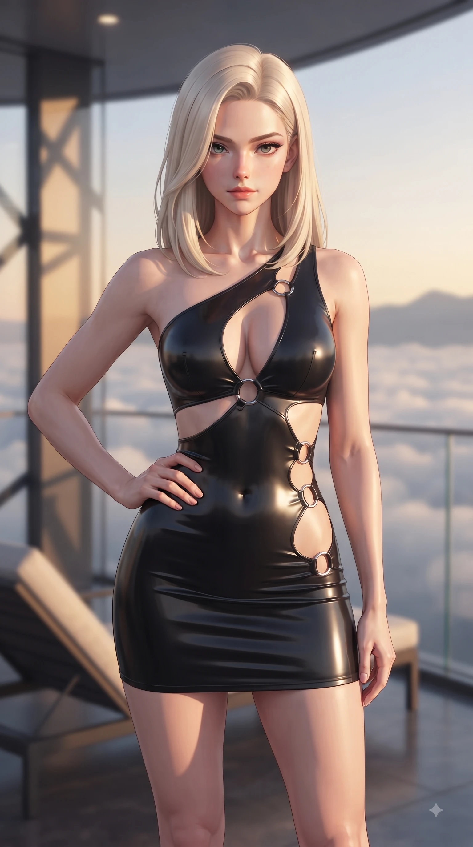 score_9, masterpiece, best quality, ultra-detailed, high-budget anime keyframe, editorial fashion photography, tasteful artistic composition, Caucasian woman woman. close-up cowboy shot from the waist and thighs up, the character dominates the composition, filling the frame with her large presence, background elements kept in soft focus. She has an exceptionally elegant, slender, and willowy female figure with an ultra-slim waist, a gracefully sculpted slender torso, and a refined silhouette. holding a confident power pose with one hand on her hip, looking directly into the camera with quiet self-assurance, flawlessly proportioned anatomical accuracy, natural body alignment, perfectly sculpted elegant limbs, clean dynamic posture without body distortion. set against a soft-focus background of a glass-walled sky lounge overlooking sea clouds at golden hour. wearing an asymmetric cut-out mini dress in matte black latex with silver ring accents. bathed in golden sunset light casting long architectural frame shadows. ultra-reflective glossy finish, specular highlights, metallic sheen, high-contrast stereoscopic depth, volumetric dynamic lighting, 2k, ultra detail, master piece, 9:16 ratio