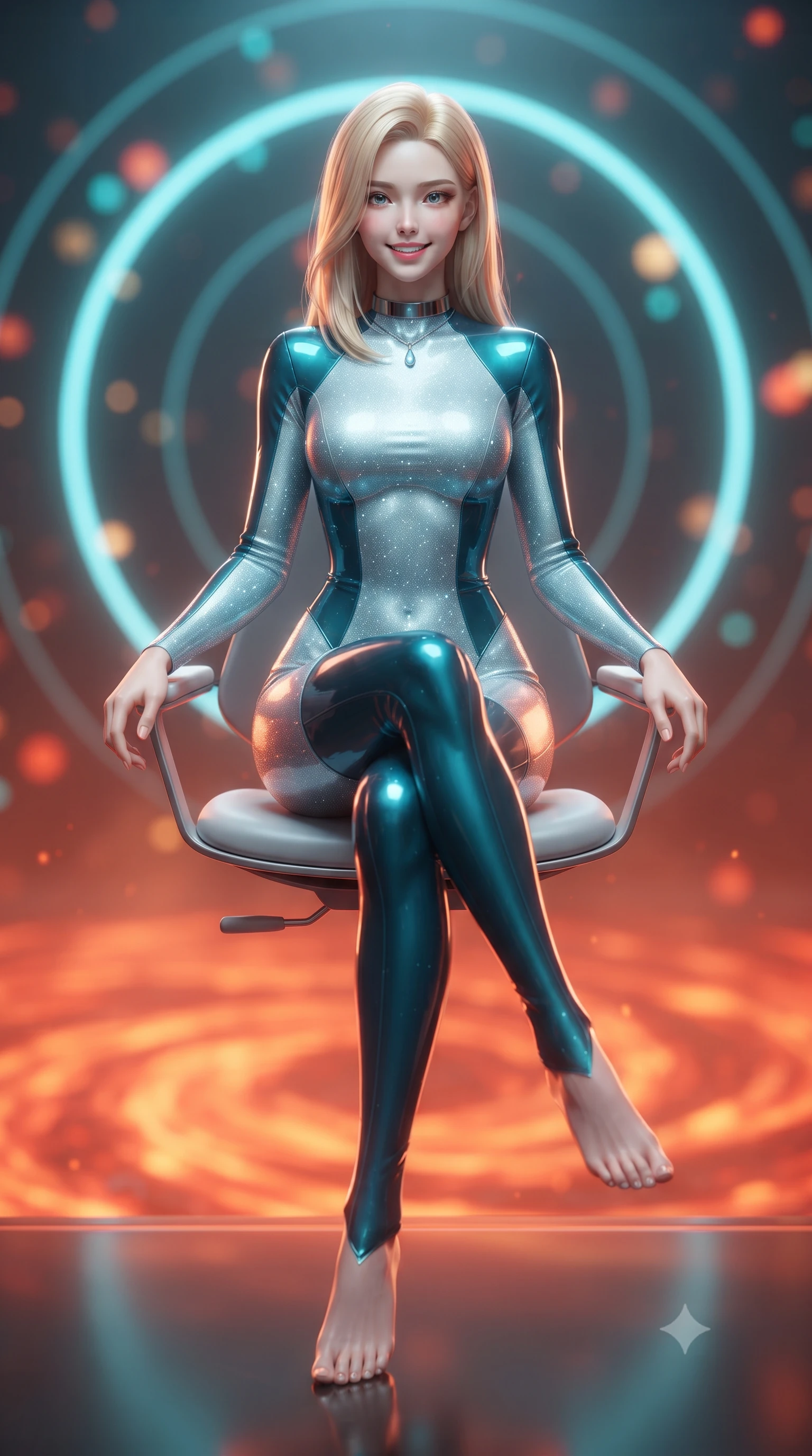 score_9, masterpiece, best quality, ultra-detailed, high-budget anime keyframe, editorial fashion photography, tasteful artistic composition, Korean woman. low angle full-body shot from head to toe showing her feet, filling the entire 9:16 vertical frame with her statuesque presence, stretching her vertical silhouette. stepping slowly toward the camera with hypnotic grace, hips swaying in an alluring sensual rhythm that accentuates her curvy hourglass silhouette and long slender legs while sitting gracefully on the floating antigravity operator chair with legs crossed, her statuesque 8.5-heads silhouette commanding the geothermal abyss. The background shows a soft-focus swirling orange-red magma vortex below, shimmering circular cyan magnetic containment rings, and laser ionization haze blurred into tangerine, gold, and turquoise bokeh. She has an exceptionally tall and slender model-like 8.5-heads proportion, an ultra-slim waist, a flat toned midriff, narrow delicate ribcage, and beautifully sculpted feminine hips creating a graceful, slim hourglass silhouette without any bulky heaviness, with impossibly long slender legs. sharp v-shaped jawline, high-bridge nose, intricate jewel-like sparkling eyes with depth, thick eyelashes, glossy parted lips with a natural peach sheen, bright cheerful beaming smile with an enchanting and coquettish sensual glint, exuding both youthful cute charm and seductive allure, flawlessly proportioned anatomical accuracy, strict slender model proportions, natural body alignment, perfectly sculpted long slender limbs, ultra-slim waistline, clean dynamic posture without body distortion. wearing a sleek second-skin cyber-pilot bodysuit with high-gloss patent leather panels accentuating her ultra-slim waistline in Europa abyssal turquoise and ice-shelf diamond, woven from stretch metallic lurex jersey casting radiant starlight glints across her curves, finished with a minimalist chrome choker and a single teardrop diamond pendant, the bespoke structured tailoring following the natural line of her 8.5-heads silhouette with refined elegance. illuminated by glass floor reflection bounce and sharp magma-amber rim lights sculpting her jawline, narrow waist, and curvy hips. ultra-reflective glossy finish, specular highlights, rich textural contrasts, high-contrast stereoscopic depth, volumetric dynamic lighting, 2k, ultra detail, master piece, 9:16 ratio