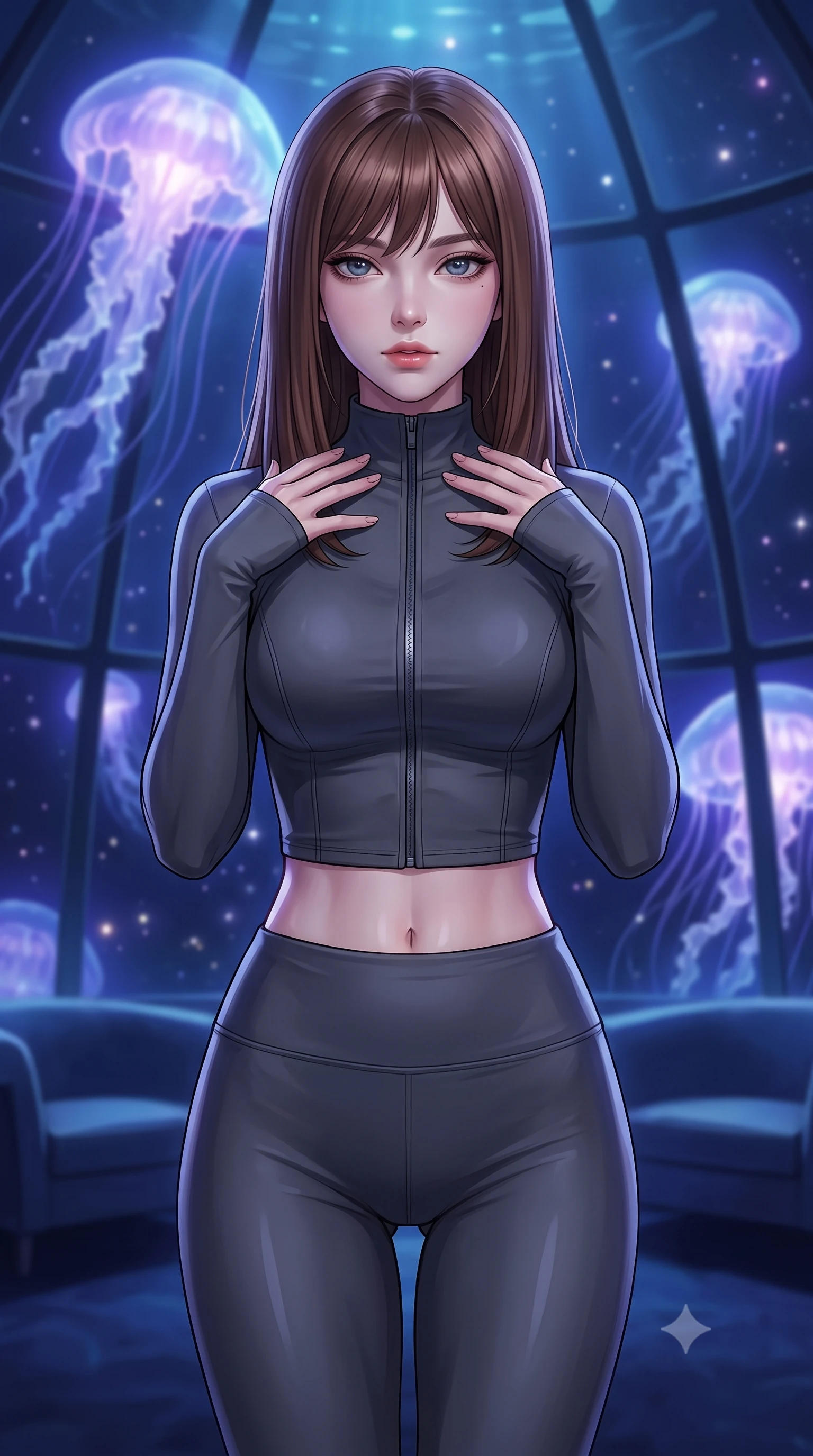 score_9, masterpiece, best quality, ultra-detailed, high-budget anime keyframe, editorial fashion photography, tasteful artistic composition, Korean woman. close-up cowboy shot from the waist and thighs up, the character dominates the composition, filling the frame with her large presence, background elements kept in soft focus. standing in a relaxed, elegant posture with both hands resting lightly on her collarbone, looking at the viewer with bedroom-eyes, the background shows a soft-focus a deep-sea ballroom observatory lounge showing giant jellyfish. She has an exceptionally elegant, slender, and willowy female figure with an ultra-slim waist, a gracefully sculpted slender torso, and a refined silhouette. sharp v-shaped jawline, high-bridge nose, intricate jewel-like eyes with depth, thick eyelashes, glossy lips with a natural sheen. wearing a body-hugging body-hugging high-neck activewear set of a zipped long-sleeve crop top and matching leggings in carbon-grey. cool indigo and violet starlight from bioluminescent jellyfish drifting outside. highly saturated vibrant anime colors, detailed shading with soft gradients, rich glossy textures, high-contrast stereoscopic depth, volumetric dynamic lighting, master piece, 9:16 ratio