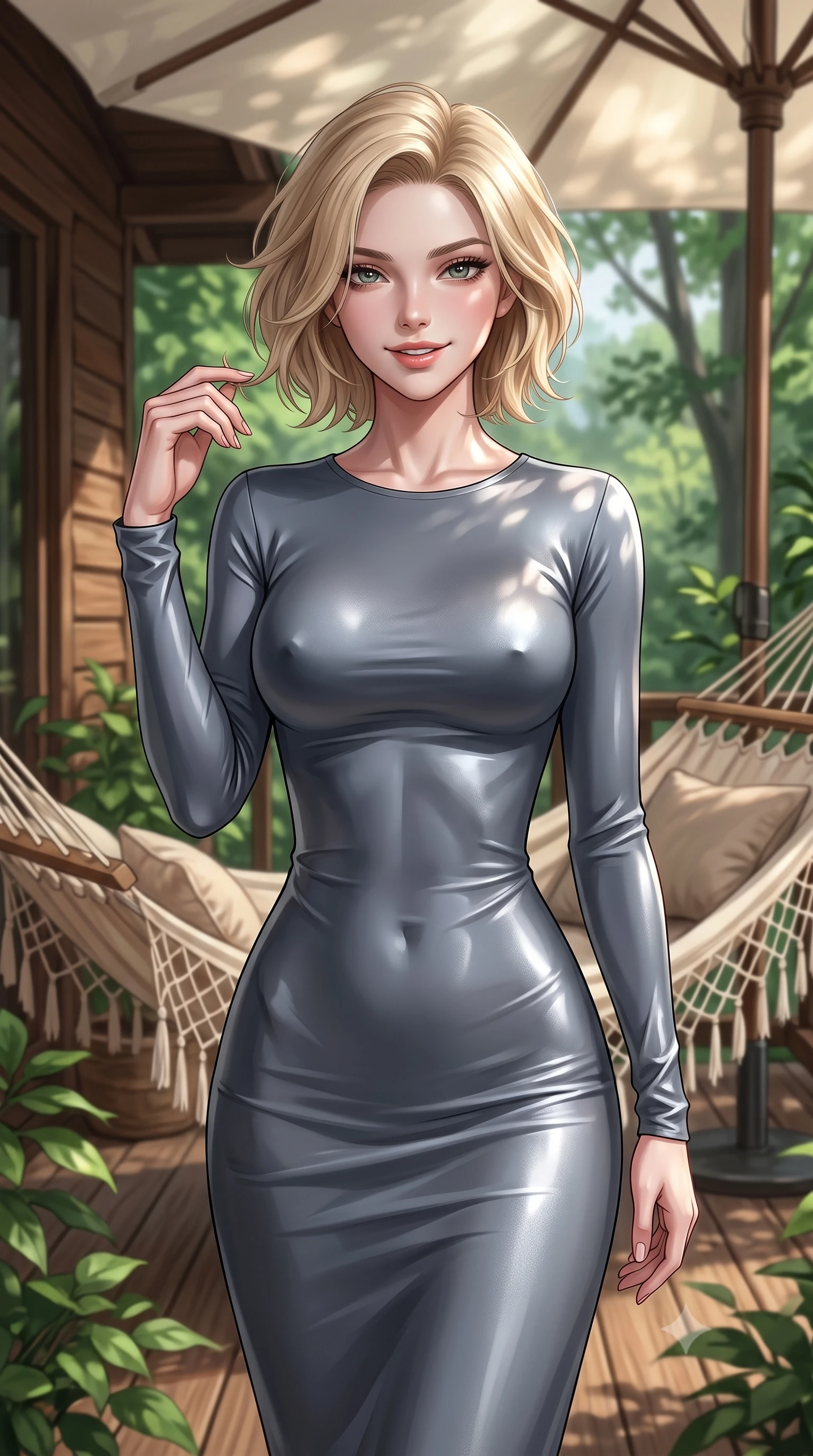 score_9, masterpiece, best quality, ultra-detailed, high-budget anime keyframe, editorial fashion photography, tasteful artistic composition, Caucasian woman. close-up cowboy shot from the waist and thighs up, the character dominates the composition, filling the frame with her large presence, background elements kept in soft focus. flashing a sweet yet sultry smile, holding her hand near her shoulder in a poised gesture set against a soft-focus background of on a rustic wooden veranda of a cozy forest lodge surrounded by greenery with a cozy woven hammock and soft cushions arranged on the wooden deck. She has an exceptionally elegant, slender, and willowy female figure with an ultra-slim waist, a gracefully sculpted slender torso, and a refined silhouette. sharp v-shaped jawline, high-bridge nose, intricate jewel-like eyes with depth, thick eyelashes, glossy lips with a natural sheen. wearing tailored body-hugging long-sleeve silk dress in slate grey, following her form elegantly. dappled sunlight filtering through the canvas umbrella onto her skin. ultra-reflective glossy finish, specular highlights, metallic sheen, high-contrast stereoscopic depth, volumetric dynamic lighting, 2k, ultra detail, master piece, 9:16 ratio