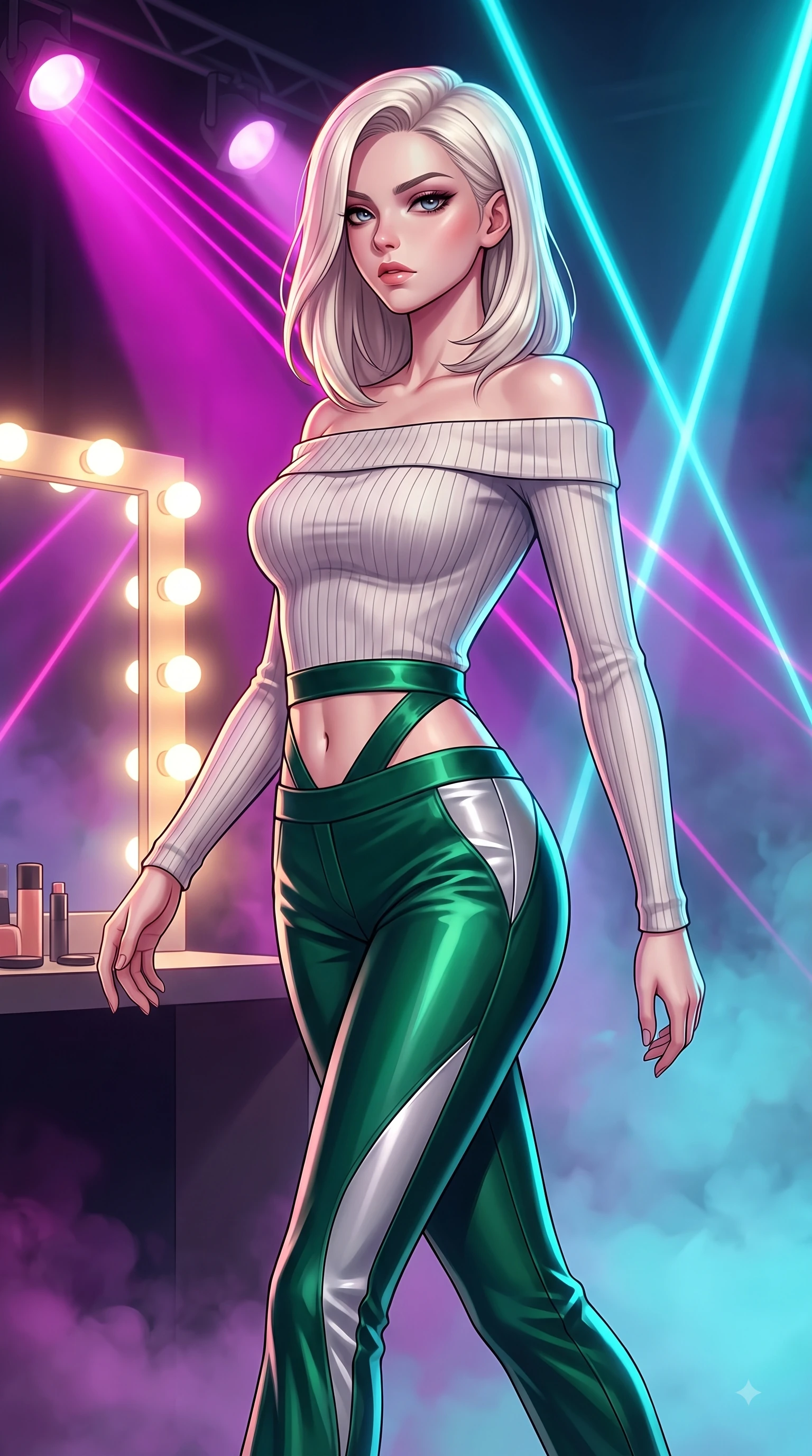 score_9, masterpiece, best quality, ultra-detailed, high-budget anime keyframe, editorial fashion photography, tasteful artistic composition, Caucasian woman. close-up cowboy shot from the waist and thighs up, the character dominates the composition, filling the frame with her large presence, background elements kept in soft focus. Gazing past the lens with smoldering intensity as her torso curves dynamically in mid-stride while resting near a glowing vanity mirror backstage as stage lights trace her contoured waist, intense volumetric laser beams cutting through stage fog in magenta and cyan. She has an exceptionally elegant, slender, and willowy female figure with an ultra-slim waist, a gracefully sculpted slender torso, and a refined silhouette. sharp v-shaped jawline, high-bridge nose, intricate jewel-like eyes with depth, thick eyelashes, glossy lips with a natural sheen, flawlessly proportioned anatomical accuracy, natural body alignment, perfectly sculpted elegant limbs, clean dynamic posture without body distortion. wearing a sleek off-shoulder ribbed knit top paired with high-waist tailored pants in deep emerald green and silver accent, crafted from smooth liquid silk, featuring subtle geometric cutouts that highlight her ultra-slim midriff, the elegant draped fit framing her graceful clavicle and slender torso. surrounded by an electric, high-energy performer aura with sharp shadows. highly saturated vibrant anime colors, detailed shading with soft gradients, rich glossy textures, high-contrast stereoscopic depth, volumetric dynamic lighting, master piece, 9:16 ratio