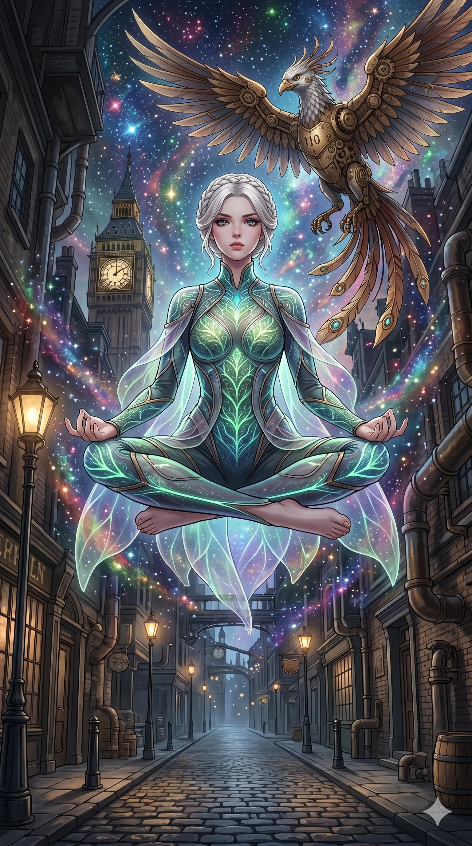 score_9, masterpiece, best quality, ultra-detailed, Set A: High-budget Anime Keyframe, Caucasian (human ears) woman. Low angle cowboy shot filling the entire 9:16 frame with her statuesque presence. Theme: Primal Nature. meditating in a steampunk London alleyway, while a mechanical phoenix rises in the background marked 110. The atmosphere is filled with a swirling vortex of stars. She has an absolutely perfect 8-heads proportion, an exceptionally tall and slender female figure with impossibly long slender legs and an ultra-slim waist. Sharp v-shaped jawline, high-bridge nose, intricate jewel-like eyes with depth, glossy lips. Wearing Bio-luminescent leaf-patterned tech-wear with transparent petal-textured overlays. Cinematic lighting, vivid colors, dramatic shadows, 2k, ultra detail, master piece, 9:16 ratio
