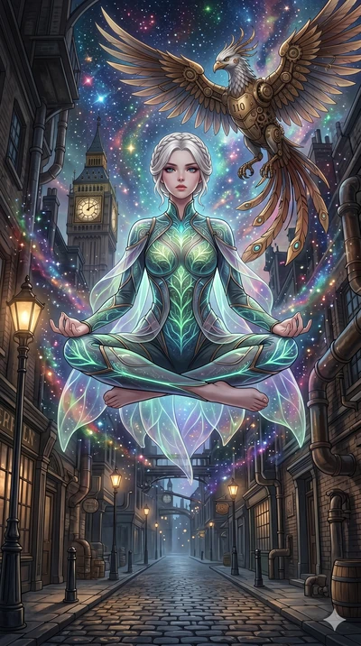score_9, masterpiece, best quality, ultra-detailed, Set A: High-budget Anime Keyframe, Caucasian (human ears) woman. Low angle cowboy shot filling the entire 9:16 frame with her statuesque presence. Theme: Primal Nature. meditating in a steampunk Lon