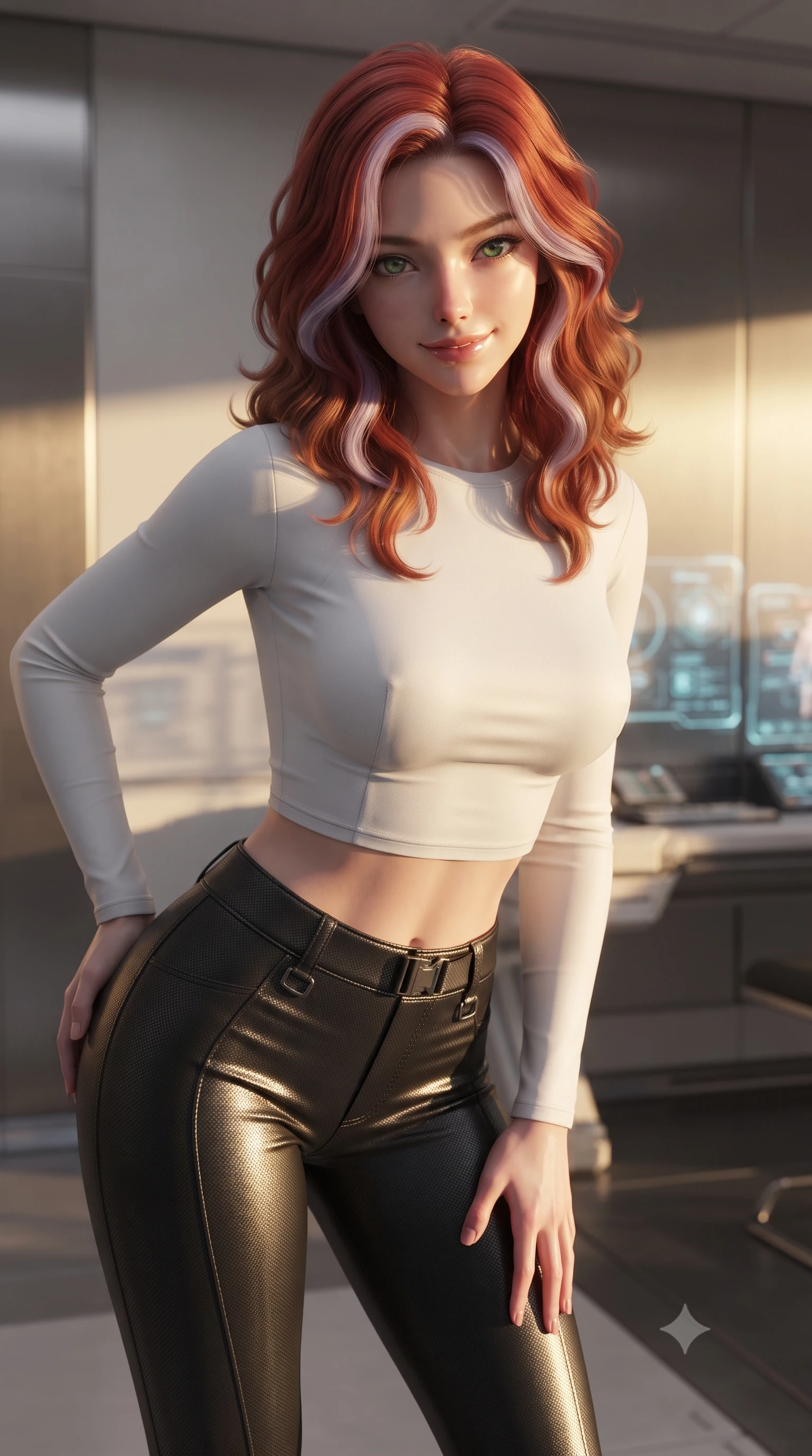 score_9, masterpiece, best quality, ultra-detailed, high-budget anime keyframe, editorial fashion photography, tasteful artistic composition, Caucasian woman. close-up cowboy shot from the waist and thighs up, the character dominates the composition, filling the frame with her large presence, background elements kept in soft focus. leaning slightly forward with a playful, teasing smile, her gaze locked onto the viewer with lips parted in a composed pose, the background shows a soft-focus a private research balcony in a replicator studio at sunset. She has an exceptionally elegant, slender, and willowy female figure with an ultra-slim waist, a gracefully sculpted slender torso, and a refined silhouette. sharp v-shaped jawline, high-bridge nose, intricate jewel-like eyes with depth, thick eyelashes, glossy lips with a natural sheen. wearing a slim-fit body-hugging long-sleeve tactical crop top in pure white, paired with high-waisted black carbon-weave skinny pants. late afternoon sun casting a majestic golden glow over the clean composite walls. ultra-reflective glossy finish, specular highlights, metallic sheen, high-contrast stereoscopic depth, volumetric dynamic lighting, 2k, ultra detail, master piece, 9:16 ratio