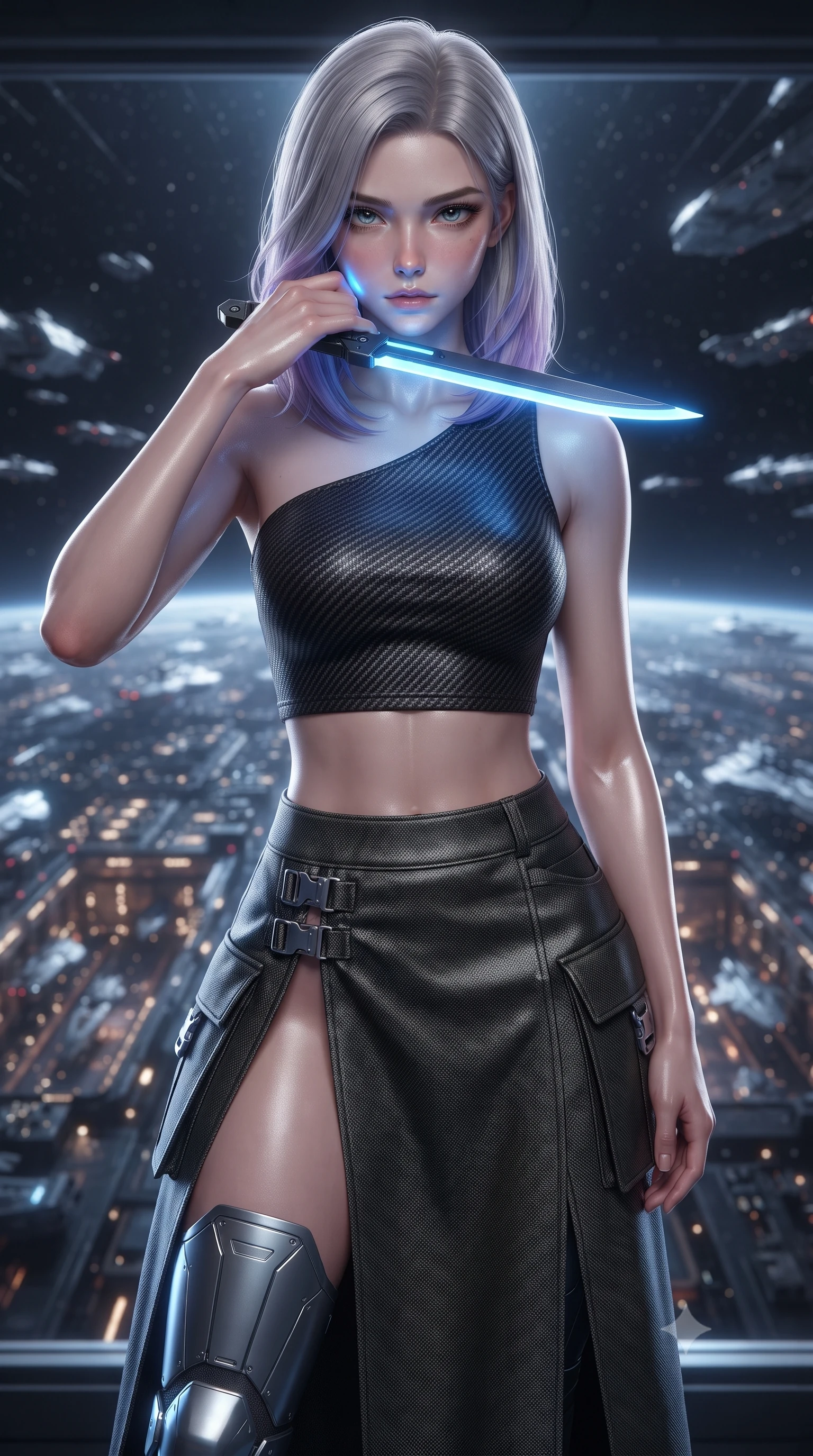 score_9, masterpiece, best quality, ultra-detailed, high-budget anime keyframe, editorial fashion photography, tasteful artistic composition, Caucasian woman. close-up cowboy shot from the waist and thighs up, the character dominates the composition, filling the frame with her large presence, background elements kept in soft focus. pressing the flat side of a glowing vibro-blade against her cheek, locking eyes with the viewer with bedroom-eyes, the background shows a soft-focus a panoramic star deck looking at the glittering grid of an orbital shipyard. She has an exceptionally elegant, slender, and willowy female figure with an ultra-slim waist, a gracefully sculpted slender torso, and a refined silhouette. sharp v-shaped jawline, high-bridge nose, intricate jewel-like eyes with depth, thick eyelashes, glossy lips with a natural sheen. wearing a form-contouring asymmetric one-shoulder crop top in carbon knit, paired with a high-slit combat skirt. glittering blue and white orbital dock lights from below tracing her silhouette. ultra-reflective glossy finish, specular highlights, metallic sheen, high-contrast stereoscopic depth, volumetric dynamic lighting, 2k, ultra detail, master piece, 9:16 ratio