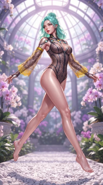 score_9, masterpiece, best quality, ultra-detailed, high-budget anime keyframe, editorial fashion photography, tasteful artistic composition, Japanese woman. low angle full-body shot from head to toe showing her feet, filling the entire 9:16 vertical