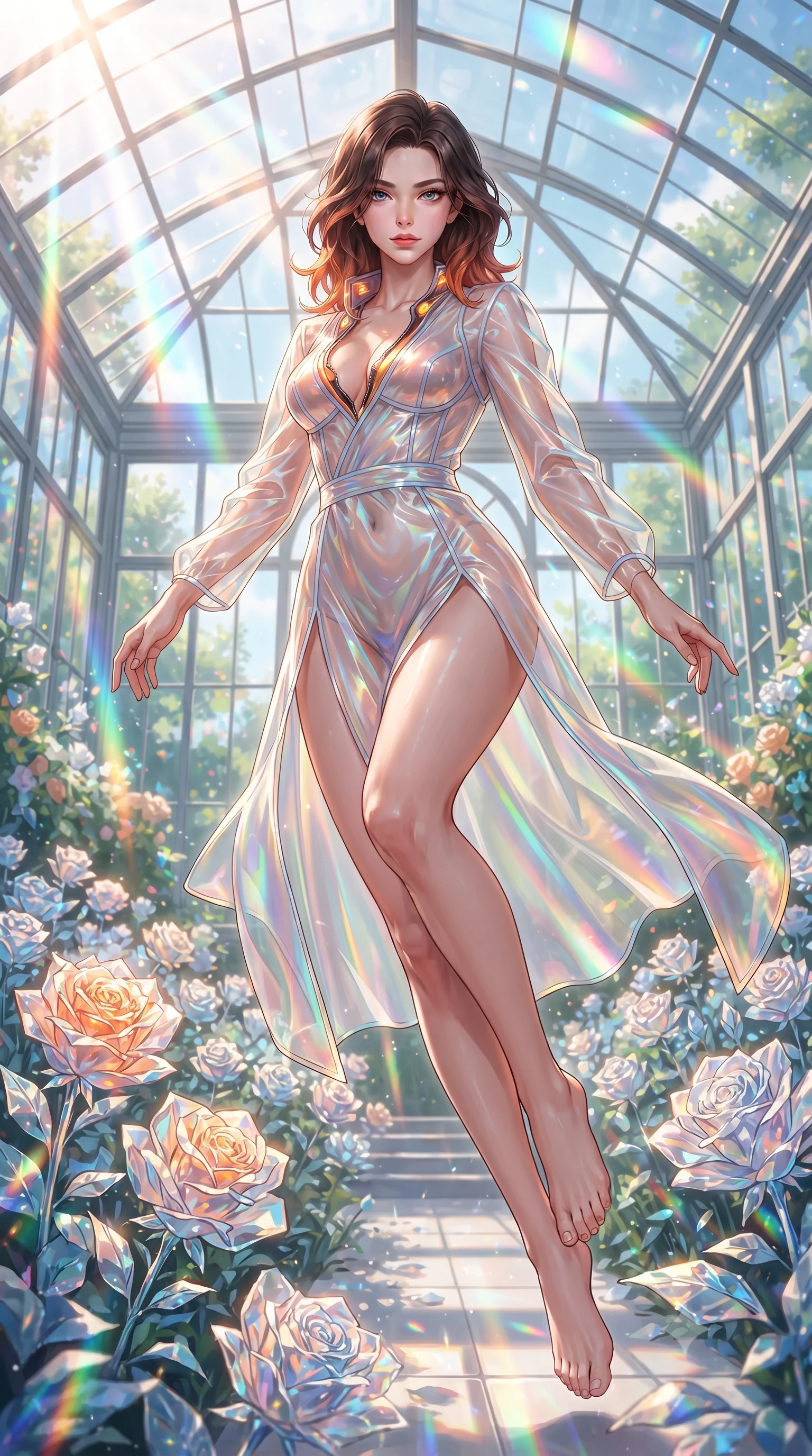 score_9, masterpiece, best quality, ultra-detailed, high-budget anime keyframe, editorial fashion photography, tasteful artistic composition, Korean woman. low angle full-body shot from head to toe showing her feet, filling the entire 9:16 vertical frame with her statuesque presence, stretching her vertical silhouette. performing an alluring mid-air vault with flawless poise, looking directly into the camera with smoldering intensity while reclining gracefully amidst blooming crystal glass roses in a soaring glass greenhouse as morning sunbeams create rainbow prisms. The surrounding environment is rendered in vivid detail and crisp panoramic clarity. vibrant natural and crystalline flower textures captured with environmental sharpness. She has an absolutely perfect, statuesque 8.5-heads proportion, an exceptionally tall and slender model-like female figure with impossibly long slender legs, a toned flat midriff, and an ultra-slim waist. sharp v-shaped jawline, high-bridge nose, intricate jewel-like eyes with depth, thick eyelashes, glossy lips with a natural sheen, flawlessly proportioned anatomical accuracy, strict slender model proportions, natural body alignment, perfectly sculpted long slender limbs, ultra-slim waistline, clean dynamic posture without body distortion. wearing a translucent iridescent organza wrap dress with structured bustier boning, plunging neckline, and high-cut dual leg slits in vivid sunset amber orange and cloud white, tailored from semi-translucent cybernetic vinyl with glowing micro-filaments, featuring a dangerously unzipped neckline framed by glowing cybernetic accents, the form-contouring material adhering flawlessly to her sculpted flat midriff and slender torso, emphasizing her long leg lines and perfectly proportioned willowy build. bathed in brilliant morning sunlight intersected by saturated rainbow crystal prism refractions. ultra-reflective glossy finish, specular highlights, metallic sheen, high-contrast stereoscopic depth, volumetric dynamic lighting, 2k, ultra detail, master piece, 9:16 ratio