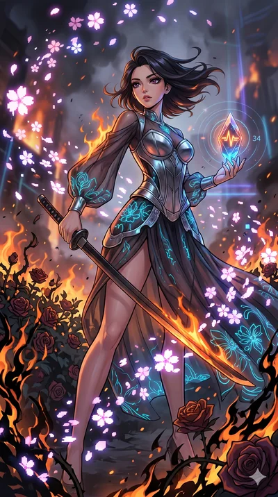 score_9, masterpiece, best quality, ultra-detailed, Set A: High-budget Anime Keyframe, Korean woman. Low angle cowboy shot filling the entire 9:16 frame with her statuesque presence. Drawing a blade through a burning rose garden, holding a relic that