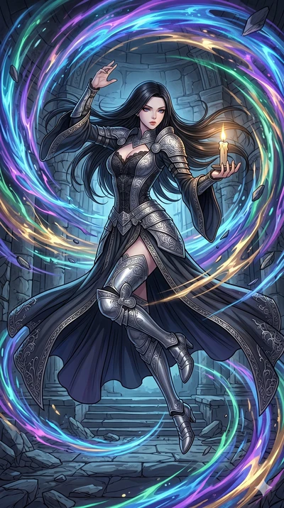 score_9, masterpiece, best quality, ultra-detailed, high-budget anime movie keyframe, cinematic anime lighting, intricate line art, Korean woman. Mid-air action shot capturing a graceful twist and vertical silhouette. shielding a flickering candle fr