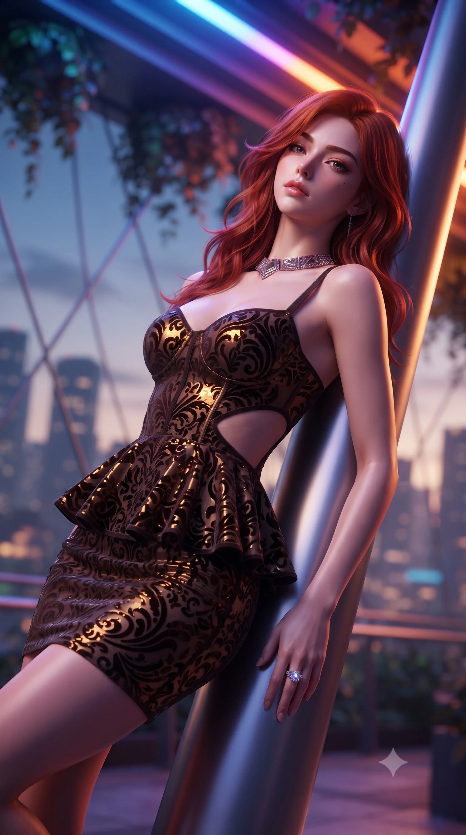 score_9, masterpiece, best quality, ultra-detailed, high-budget anime keyframe, editorial fashion photography, tasteful artistic composition, Korean woman. close-up cowboy shot from the waist and thighs up, the character dominates the composition, filling the frame with her large presence. leaning back with relaxed seductive grace, her sculpted collarbones and narrow waist highlighted as she casts smoldering bedroom-eyes directly into the camera while reclining against the smooth titanium skyway pylon, head tilted back in awe as color-shifting LED canopies cast vivid hues over her silhouette. The composition keeps background elements in soft focus with creamy bokeh. floating botanical canopy foliage and suspension cable lines softened in cinematic shallow depth of field. She has an exceptionally elegant, slender, and willowy female figure with an ultra-slim waist, flat toned midriff, narrow ribcage, and sculpted feminine hips creating an alluring, slim hourglass silhouette without bulk. sharp v-shaped jawline, high-bridge nose, intricate jewel-like eyes with depth, thick eyelashes, glossy parted lips with a natural sheen, intensely captivating and seductive bedroom-eyes expression, flawlessly proportioned anatomical accuracy, strict slender model proportions, natural body alignment, perfectly sculpted long slender limbs, ultra-slim waistline, clean dynamic posture without body distortion. wearing a modern peplum corset dress with side-waist diamond cutouts and an ultra-tight silhouette in dark espresso brown and molten gold foil, made of sheer contouring power-mesh with velvet flocking patterns, complemented by a bold geometric choker and sparkling cocktail ring, the second-skin form-contouring cut accentuating her sculpted flat midriff, narrow delicate ribcage, and gracefully curvy hips with supermodel precision. bathed in dynamic color-shifting LED canopy lights from above and ambient city skyline uplights. ultra-reflective glossy finish, specular highlights, rich textural contrasts, high-contrast stereoscopic depth, volumetric dynamic lighting, 2k, ultra detail, master piece, 9:16 ratio