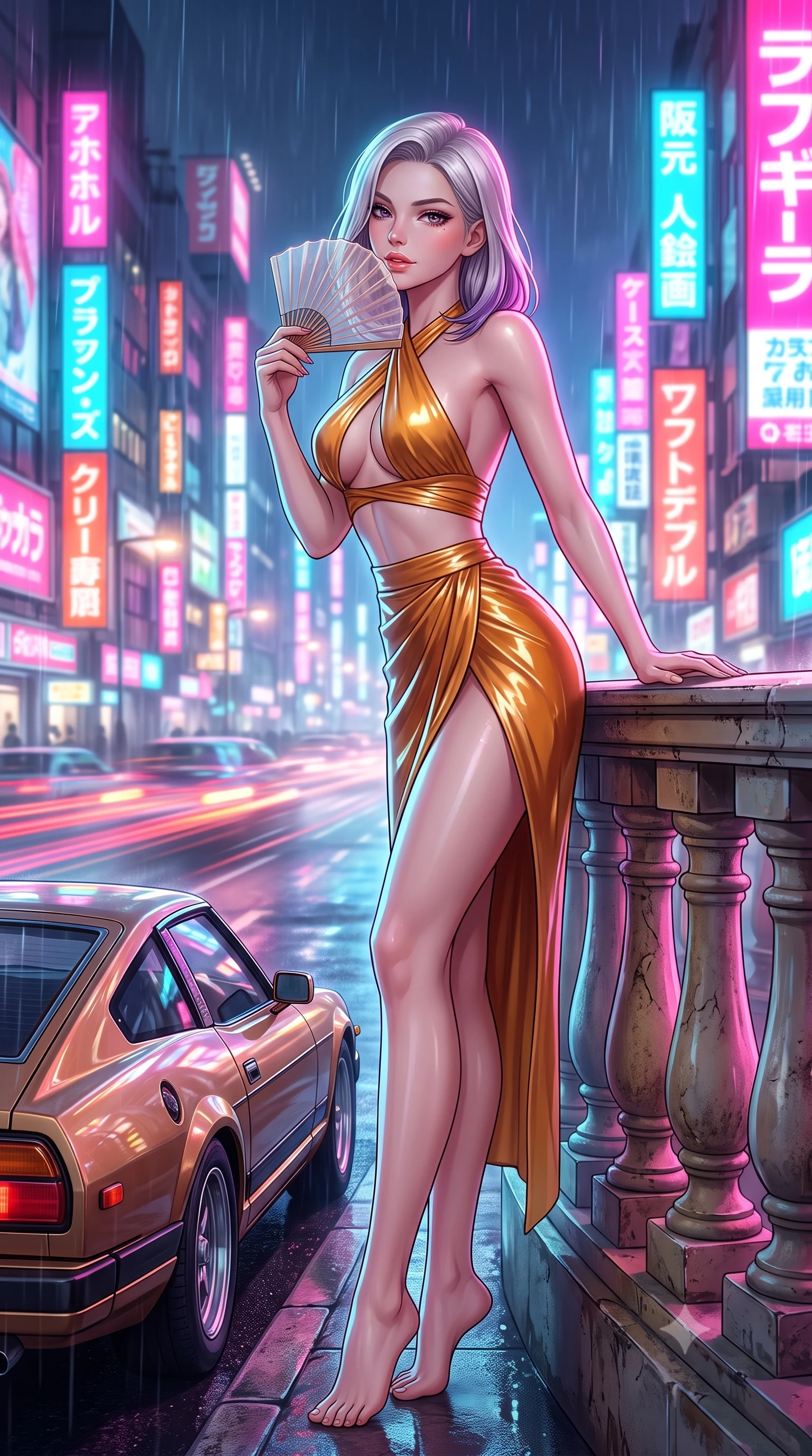 score_9, masterpiece, best quality, ultra-detailed, high-budget anime keyframe, semi-realistic 3D game render, editorial fashion photography, tasteful artistic composition, Caucasian woman. low angle full-body shot from head to toe showing her feet, filling the entire 9:16 vertical frame with her statuesque presence, stretching her vertical silhouette. leaning deep against the balcony balustrade with hips cocked back in an unapologetically alluring high-fashion stance, casting an intoxicating glance while standing poised beside a sleek retro sports car parked on the shoulder, arching her back with dangerous 80s city-pop glamour. The background shows a soft-focus speeding car light trails, towering neon skyscraper advertisements, and misty night rain blurred into electric fuchsia, cyan, and amber bokeh. She has an absolutely perfect, statuesque 8.5-heads proportion, an exceptionally tall and slender model-like female figure with impossibly long slender legs, an ultra-slim waist, a flat toned midriff, narrow delicate ribcage, and beautifully sculpted feminine hips creating a graceful, slim hourglass silhouette without any bulky heaviness. sharp v-shaped jawline, high-bridge nose, sparkling eyes with hypnotic seductive depth, thick curled eyelashes, glossy parted lips with a natural dewy peach sheen, alluring bedroom-eyes with an enchanting coquettish smile, exuding magnetic siren charisma and sophisticated glamour, flawlessly proportioned anatomical accuracy, strict slender model proportions, natural body alignment, perfectly sculpted long slender limbs, ultra-slim waistline, clean dynamic posture without body distortion. wearing a high-waisted silk wrap sarong skirt with a hip-high slit paired with a plunging criss-cross satin halter top in warm amber honey and antique gold leaf, crafted from wet-look high-gloss vinyl fabric with dazzling specular surface reflections, finished with a transparent silk folding fan held gracefully near her glossy parted lips, the high-slit wrap tailoring accentuating her ultra-slim waistline and the enchanting curve of her feminine hips with alluring seductive charm. bathed in dynamic dual-tone neon lighting spilling from towering Japanese billboard displays. highly saturated vibrant anime colors, detailed shading with soft gradients, rich glossy textures, high-contrast stereoscopic depth, volumetric dynamic lighting, master piece, 9:16 ratio