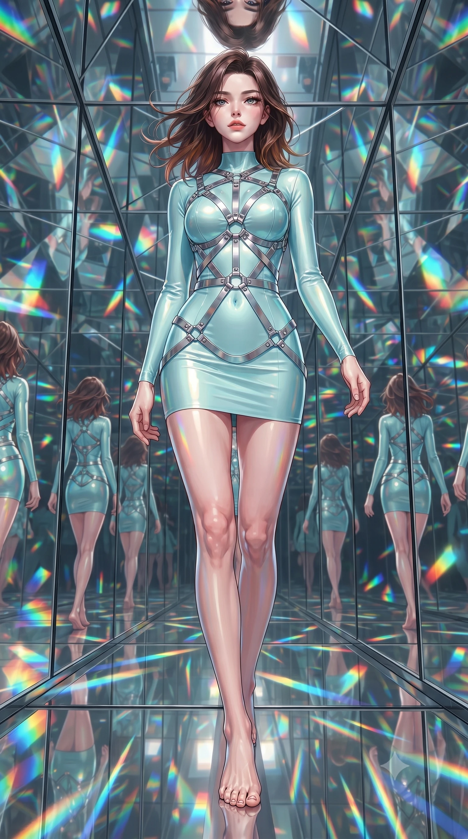 score_9, masterpiece, best quality, ultra-detailed, high-budget anime keyframe, editorial fashion photography, tasteful artistic composition, Korean woman. low angle full-body shot from head to toe showing her feet, filling the entire 9:16 vertical frame with her statuesque presence, stretching her vertical silhouette. stepping gracefully through the radiant environment, stretching her statuesque silhouette, walking through a glass corridor surrounded by geometric rainbow light patterns, infinite kaleidoscope mirror reflections multiplying her elegant posture. She has an absolutely perfect, statuesque 8.5-heads proportion, an exceptionally tall and slender model-like female figure with impossibly long slender legs and an ultra-slim waist. sharp v-shaped jawline, high-bridge nose, intricate jewel-like eyes with depth, thick eyelashes, glossy lips with a natural sheen. wearing glove-like fit pale turquoise latex bodycon mini dress in radiant platinum, made of sculpted platinum chrome, highlighted by a platinum metallic harness structure, accentuating her gracefully sculpted slender torso. illuminated by brilliant multi-color rainbow light refracting through glass prisms. highly saturated vibrant anime colors, detailed shading with soft gradients, rich glossy textures, high-contrast stereoscopic depth, volumetric dynamic lighting, master piece, 9:16 ratio