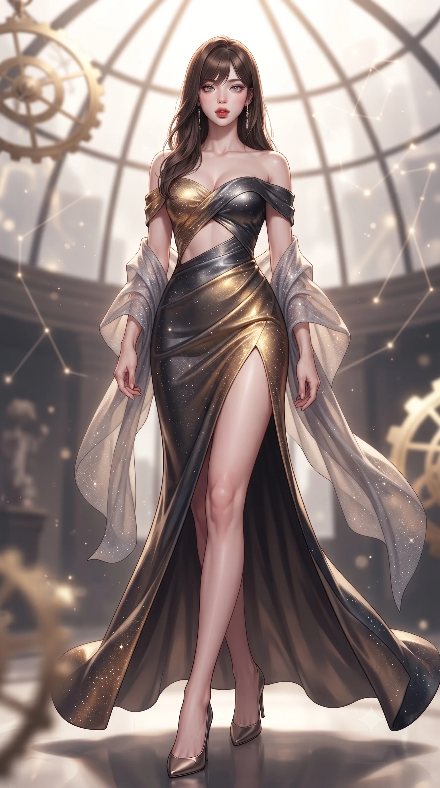 score_9, masterpiece, best quality, ultra-detailed, high-budget anime keyframe, editorial fashion photography, tasteful artistic composition, Korean woman. low angle full-body shot from head to toe showing her feet, filling the entire 9:16 vertical frame with her statuesque presence, stretching her vertical silhouette. striding forward in a proud supermodel runway stride, hips swaying in an alluring kinetic rhythm that accentuates her curvy hourglass silhouette while arching her spine in a fluid dancer stretch beneath the open observatory glass dome, fingers lightly tracing a floating star map. The composition keeps background elements in soft focus with creamy bokeh. glowing brass astrolabe gears and constellation hologram lines softened in romantic shallow focus. She has an absolutely perfect, statuesque 8.5-heads proportion, an exceptionally tall and slender model-like female figure with impossibly long slender legs, a toned flat midriff, an ultra-slim waist, and beautifully sculpted feminine hips. sharp v-shaped jawline, high-bridge nose, intricate jewel-like eyes with depth, thick eyelashes, glossy parted lips with a natural sheen, intensely captivating and seductive bedroom-eyes expression, flawlessly proportioned anatomical accuracy, strict slender model proportions, natural body alignment, perfectly sculpted long slender limbs, ultra-slim waistline, clean dynamic posture without body distortion. wearing an off-shoulder celestial velvet gown with an architectural open-waist cutout and high side slit in molten starlight gold and dark gunmetal, tailored from ultra-smooth duchess satin with a pearlescent celestial sheen, finished with a gossamer stardust shawl draped loosely over her elbows, the glove-like aerodynamic silhouette tightly following the natural contour of her hips and long slender legs with statuesque precision. illuminated by starlight edge lights carving her slender waist, bare collarbones, and feminine hip line. ultra-reflective glossy finish, specular highlights, rich textural contrasts, high-contrast stereoscopic depth, volumetric dynamic lighting, 2k, ultra detail, master piece, 9:16 ratio