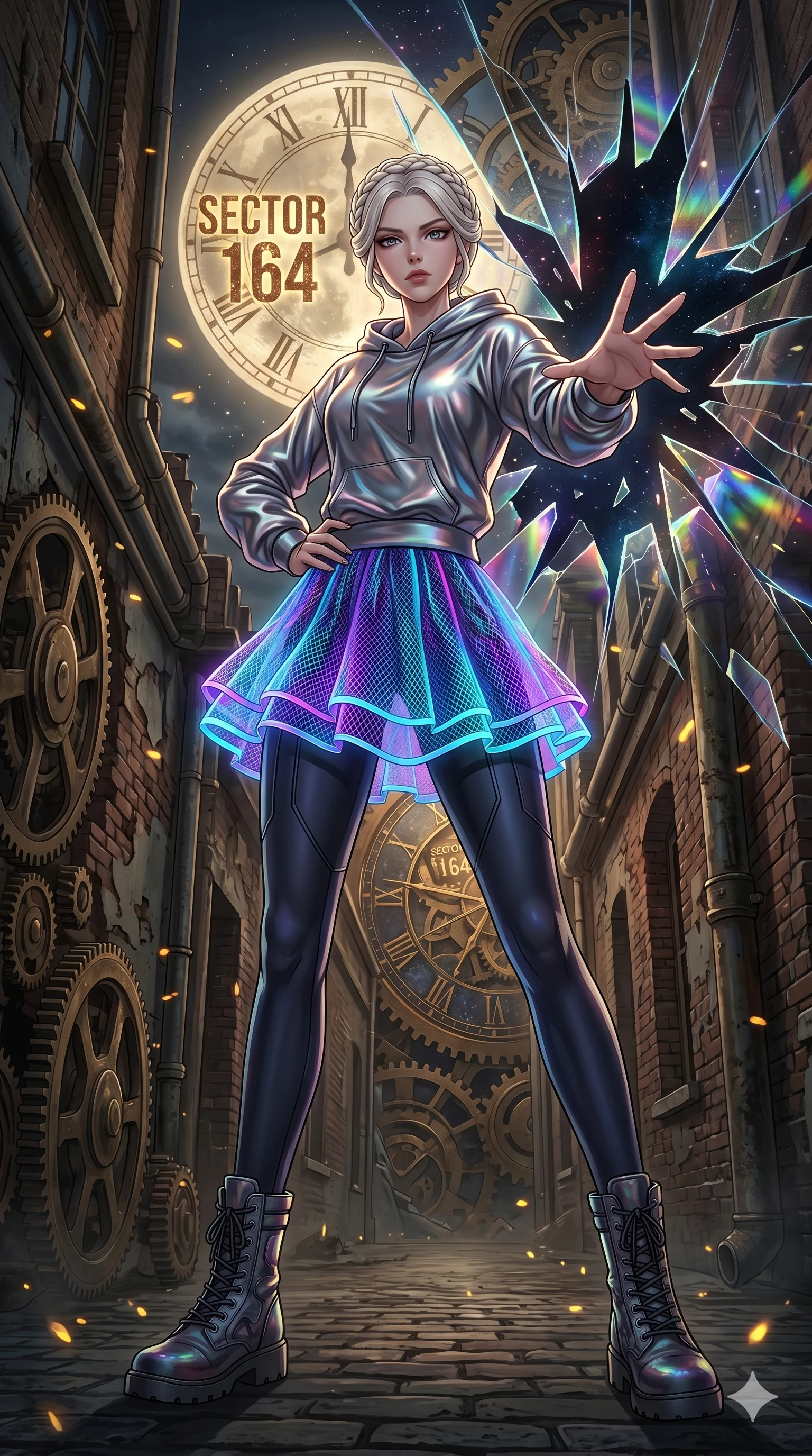 score_9, masterpiece, best quality, ultra-detailed, Set A: High-budget Anime Keyframe, Japanese woman. Low angle cowboy shot filling the entire 9:16 frame with her statuesque presence. Theme: Urban Decay. shattering the fabric of reality in a steampunk London alleyway, with a massive clockwork moon ticking behind her as sector 164. The atmosphere is filled with golden hour with floating embers. She has an absolutely perfect 8-heads proportion, an exceptionally tall and slender female figure with impossibly long slender legs and an ultra-slim waist. Sharp v-shaped jawline, high-bridge nose, intricate jewel-like eyes with depth, glossy lips. Wearing Cyber-rebel hoodie made of liquid-metal fabric with a neon-lit mesh skirt. Cinematic lighting, vivid colors, dramatic shadows, 2k, ultra detail, master piece, 9:16 ratio