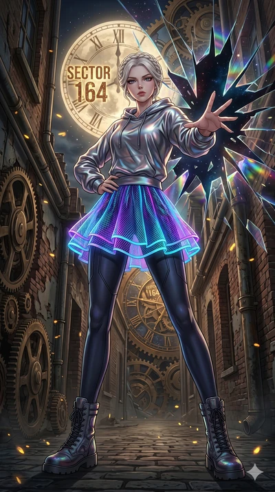 score_9, masterpiece, best quality, ultra-detailed, Set A: High-budget Anime Keyframe, Japanese woman. Low angle cowboy shot filling the entire 9:16 frame with her statuesque presence. Theme: Urban Decay. shattering the fabric of reality in a steampu