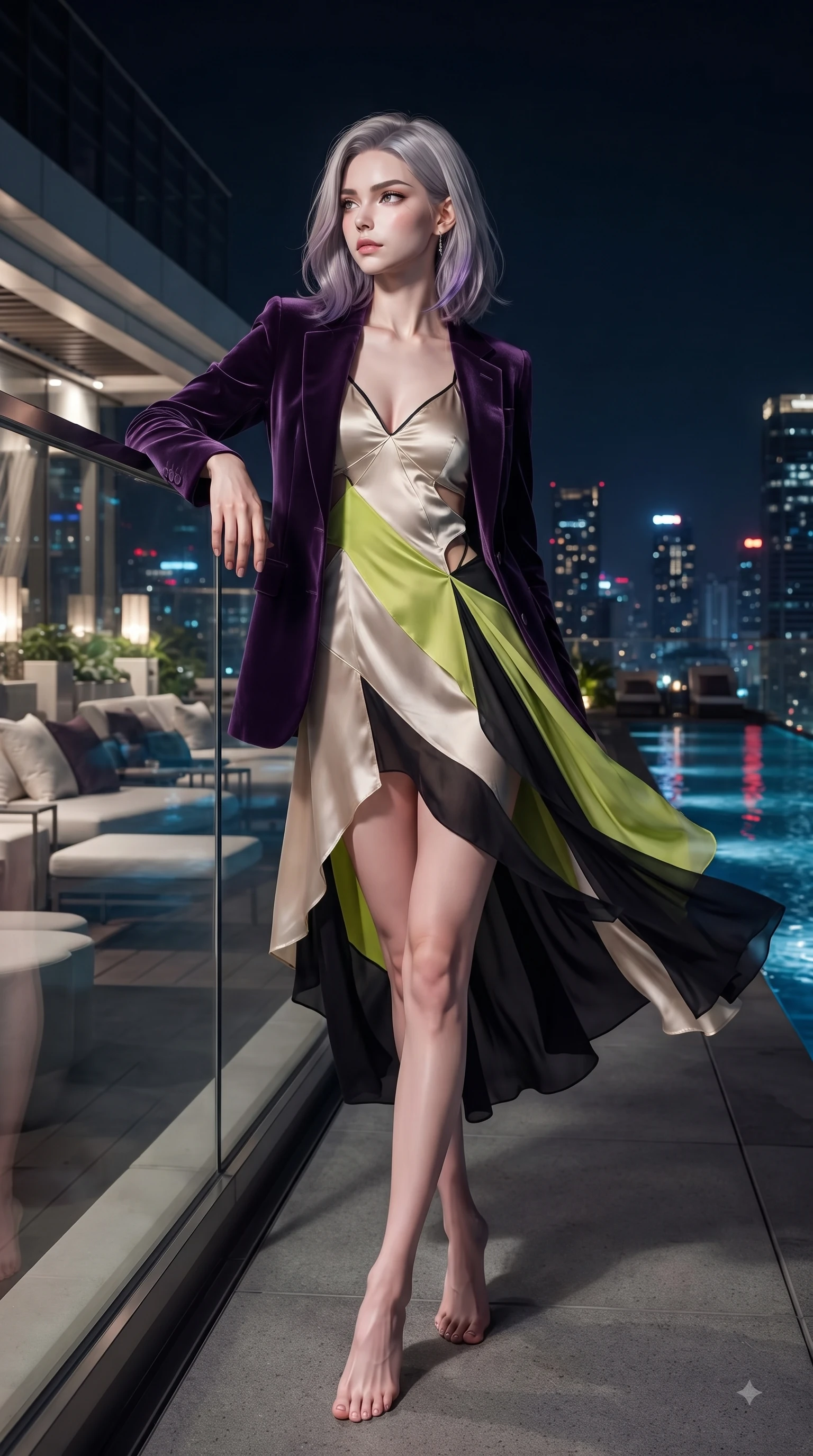 score_9, masterpiece, best quality, ultra-detailed, high-budget anime keyframe, editorial fashion photography, tasteful artistic composition, Caucasian woman. low angle full-body shot from head to toe showing her feet, filling the entire 9:16 vertical frame with her statuesque presence, stretching her vertical silhouette. Tender lingering expression with a quiet reluctant backward glance, as if hesitating to leave the moment while leaning against a sleek glass railing overlooking a vibrant urban skyline. The surrounding environment is rendered in vivid detail and crisp panoramic clarity. vibrant city night lights and sleek rooftop lounge decor captured with environmental precision. She has an absolutely perfect, statuesque 8.5-heads proportion, an exceptionally tall and slender model-like female figure with impossibly long slender legs and an ultra-slim waist. sharp v-shaped jawline, high-bridge nose, intricate jewel-like eyes with depth, thick eyelashes, glossy lips with a natural sheen, flawlessly proportioned anatomical accuracy, natural body alignment, perfectly sculpted elegant limbs, clean dynamic posture without body distortion. wearing a deep amethyst purple velvet blazer over a silky champagne camisole in bright lime green and sleek jet black, woven from fine lightweight chiffon fluttering gracefully, complemented by clean architectural seams and subtle cutouts, the fluid drape swaying gracefully with her dynamic editorial movement. illuminated by crisp specular highlights from infinity pool reflections and city lights. ultra-reflective glossy finish, specular highlights, metallic sheen, high-contrast stereoscopic depth, volumetric dynamic lighting, 2k, ultra detail, master piece, 9:16 ratio