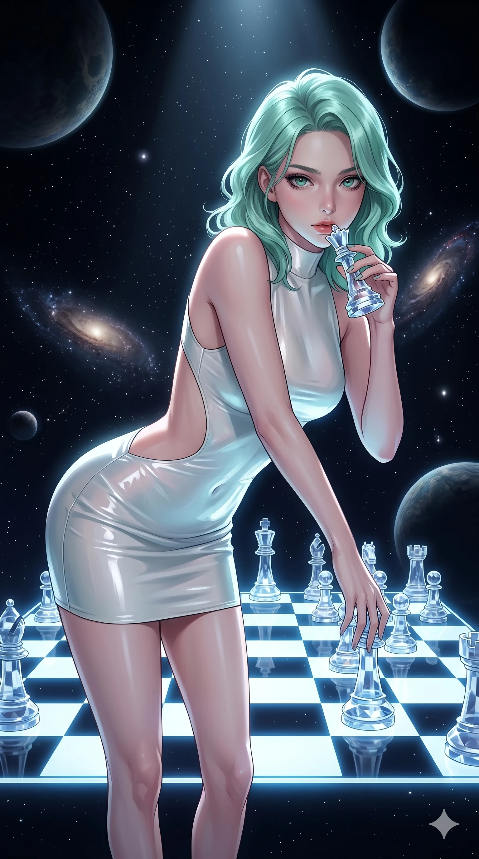 score_9, masterpiece, best quality, ultra-detailed, high-budget anime keyframe, editorial fashion photography, tasteful artistic composition, Japanese woman. Upper body close-up from the thighs up, character filling the screen for maximum presence. She is leaning over a giant glowing glass chess board floating in space. She holds a crystal queen piece near her lips, looking at the camera with a teasing, competitive smolder. She has an absolutely perfect 8-heads proportion, an exceptionally tall and slender female figure with impossibly long slender legs and an ultra-slim waist. V-shaped jawline, high-bridge nose, intricate jewel-like eyes with depth, thick eyelashes, glossy lips with a natural sheen. She is wearing a second-skin fashion-latex mini dress with a clean architectural front, featuring an open-back design that wraps around the sides of her waist, showcasing her slender silhouette. The scene is illuminated by the board's white and blue grids and a sharp overhead spotlight. 2k, ultra detail, master piece, 9:16 ratio