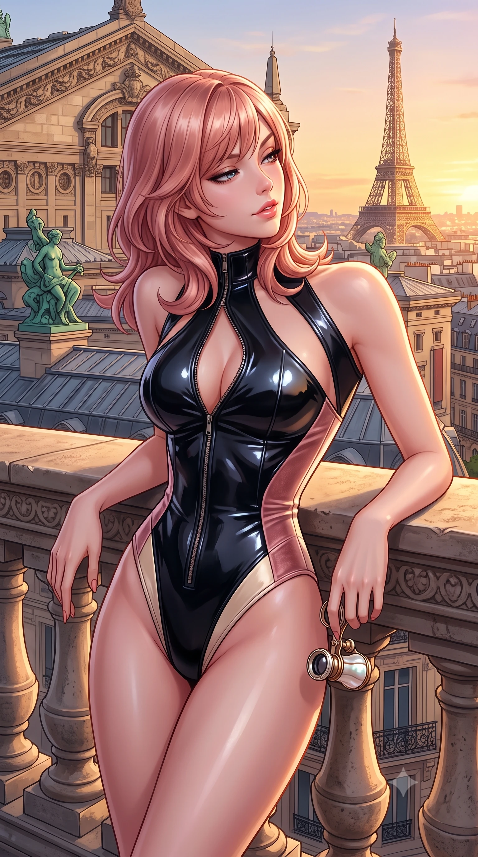 score_9, masterpiece, best quality, ultra-detailed, high-budget anime keyframe, semi-realistic 3D game render, editorial fashion photography, tasteful artistic composition, Japanese woman. close-up cowboy shot from the waist and thighs up, the character dominates the composition, filling the frame with her large presence. leaning back against the balustrade with relaxed seductive grace, head tilted back slightly while casting a hypnotic, heavy-lidded gaze while leaning against the stone parapet with hips cocked back, looking over a bare shoulder toward the glittering Eiffel Tower in the distance. The surrounding environment is rendered in vivid detail and crisp panoramic clarity: sharp zinc roof seam textures, patinated green copper statue details, and stone parapet carvings in deep focus. She has an exceptionally elegant, slender, and willowy female figure with an ultra-slim waist, flat toned midriff, narrow ribcage, and sculpted feminine hips creating an alluring, slim hourglass silhouette without bulk. sharp v-shaped jawline, high-bridge nose, sparkling eyes with hypnotic seductive depth, thick curled eyelashes, glossy parted lips with a natural dewy peach sheen, alluring bedroom-eyes with an enchanting coquettish smile, exuding magnetic siren charisma and sophisticated glamour, flawlessly proportioned anatomical accuracy, strict slender model proportions, natural body alignment, perfectly sculpted long slender limbs, ultra-slim waistline, clean dynamic posture without body distortion. wearing a form-contouring liquid-tight matte-black tactical bodysuit with a plunging front zipper and high-cut leg openings in powder champagne cream and dusty rose velvet, crafted from wet-look high-gloss vinyl fabric with dazzling specular surface reflections, accented with an antique mother-of-pearl opera glass held casually in one hand, the glove-like clinging cut tightly following the natural contour of her hips and long slender legs with youthful 8.5-heads elegance. bathed in molten golden hour sunset light washing horizontally across the Parisian skyline. highly saturated vibrant anime colors, detailed shading with soft gradients, rich glossy textures, high-contrast stereoscopic depth, volumetric dynamic lighting, master piece, 9:16 ratio