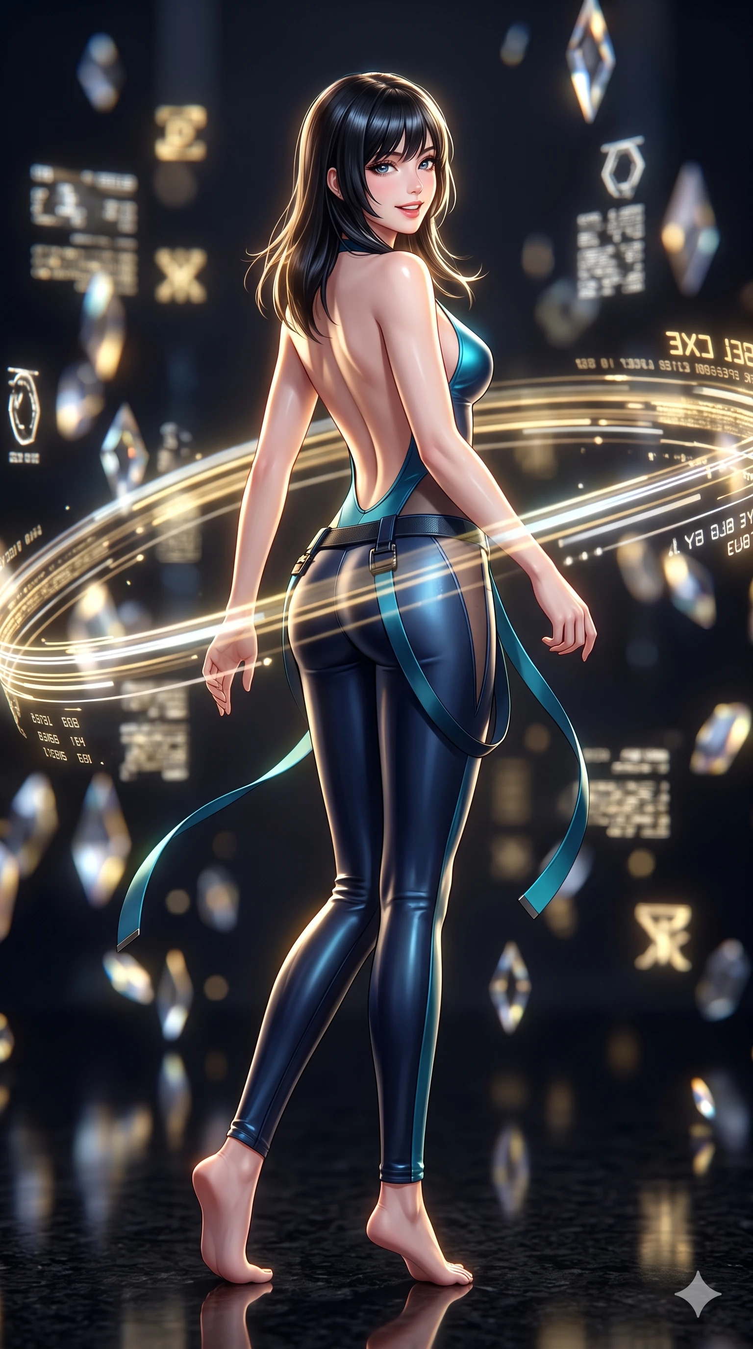 score_9, masterpiece, best quality, ultra-detailed, high-budget anime keyframe, semi-realistic 3D game render, editorial fashion photography, tasteful artistic composition, Caucasian woman. low angle full-body shot from head to toe showing her feet, filling the entire 9:16 vertical frame with her statuesque presence, stretching her vertical silhouette. executing a cheerful mid-motion pivot turn as her tactical belt and ribbons flutter around her slender legs, glancing over her shoulder with an intoxicating, teasing bedroom-gaze while twisting her slender torso in an alluring S-curve, crystalline holographic data beams painting sharp gold and platinum light ribbons across her flat midriff and hourglass curves. The background shows a soft-focus floating holographic glyphs and crystal refractions blurred into gold, platinum, and deep obsidian bokeh. She has an absolutely perfect, statuesque 8.5-heads proportion, an exceptionally tall and slender model-like female figure with impossibly long slender legs, an ultra-slim waist, a flat toned midriff, narrow delicate ribcage, and beautifully sculpted feminine hips creating a graceful, slim hourglass silhouette without any bulky heaviness. sharp v-shaped jawline, high-bridge nose, intricate jewel-like sparkling eyes with depth, thick eyelashes, glossy parted lips with a natural sheen, bright confident smile with an enchanting and coquettish sensual glint, exuding both youthful magnetic charm and sovereign high-tech allure, flawlessly proportioned anatomical accuracy, strict slender model proportions, natural body alignment, perfectly sculpted long slender limbs, ultra-slim waistline, clean dynamic posture without body distortion. wearing an alluring backless liquid titanium halterneck jumpsuit with deep scoop back down to her lower spine and hip ventilation slits in deep space navy and laser turquoise, featuring strategic sheer-illusion tulle side panels framing her ribcage and hips, finished with polished chrome buckle hardware and modular magnetic holster clasps, the form-fitting tactical tailoring adhering flawlessly to her sculpted flat midriff and slender torso, emphasizing her long leg lines and perfectly proportioned willowy build. illuminated by black granite floor reflections and sharp gold-platinum rim lights carving her sculpted collarbones, ultra-slim waist, and curvy hips. highly saturated vibrant anime colors, detailed shading with soft gradients, rich glossy textures, high-contrast stereoscopic depth, volumetric dynamic lighting, master piece, 9:16 ratio