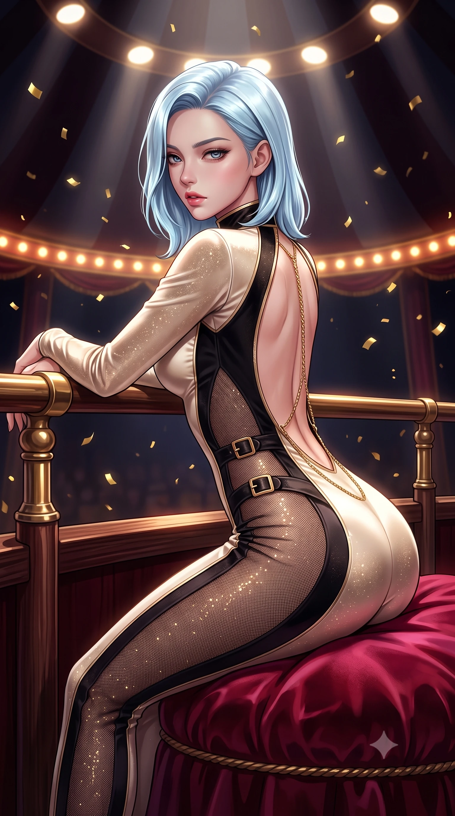 score_9, masterpiece, best quality, ultra-detailed, high-budget anime keyframe, semi-realistic 3D game render, editorial fashion photography, tasteful artistic composition, Korean woman. close-up cowboy shot from the waist and thighs up, the character dominates the composition, filling the frame with her large presence. leaning forward against the polished railing with her hips cocked back, creating an intoxicating curve from her narrow waist to sculpted hips as she gazes back into the lens while reclining languidly on a velvet ring cushion inside the dark circus tent, spine arched in an alluring S-curve as gold confetti flutters around her. The surrounding environment is rendered in vivid detail and crisp panoramic clarity. intense theatrical chiaroscuro and decadent dark carnival aesthetics rendered with precision. She has an exceptionally elegant, slender, and willowy female figure with an ultra-slim waist, a gracefully sculpted slender torso, toned flat midriff, and rounded feminine hips creating an alluring hourglass silhouette. sharp v-shaped jawline, high-bridge nose, intricate jewel-like eyes with depth, thick eyelashes, glossy parted lips with a natural sheen, intensely captivating and seductive bedroom-eyes expression, flawlessly proportioned anatomical accuracy, strict slender model proportions, natural body alignment, perfectly sculpted long slender limbs, ultra-slim waistline, clean dynamic posture without body distortion. wearing a high-collar velvet speedsuit featuring bold side cutouts and quick-release brass buckles in vintage champagne ivory and black satin, made of sheer contouring power-mesh with fine gold glitter flocking, accented with a glittering gold back chain tracing her bare spine down to her hip line, the form-contouring material adhering flawlessly to her sculpted flat midriff and slender torso, emphasizing her long leg lines and perfectly proportioned willowy build. bathed in dramatic overhead circular spotlight beams and warm golden carousel perimeter glow. highly saturated vibrant anime colors, detailed shading with soft gradients, rich glossy textures, high-contrast stereoscopic depth, volumetric dynamic lighting, master piece, 9:16 ratio