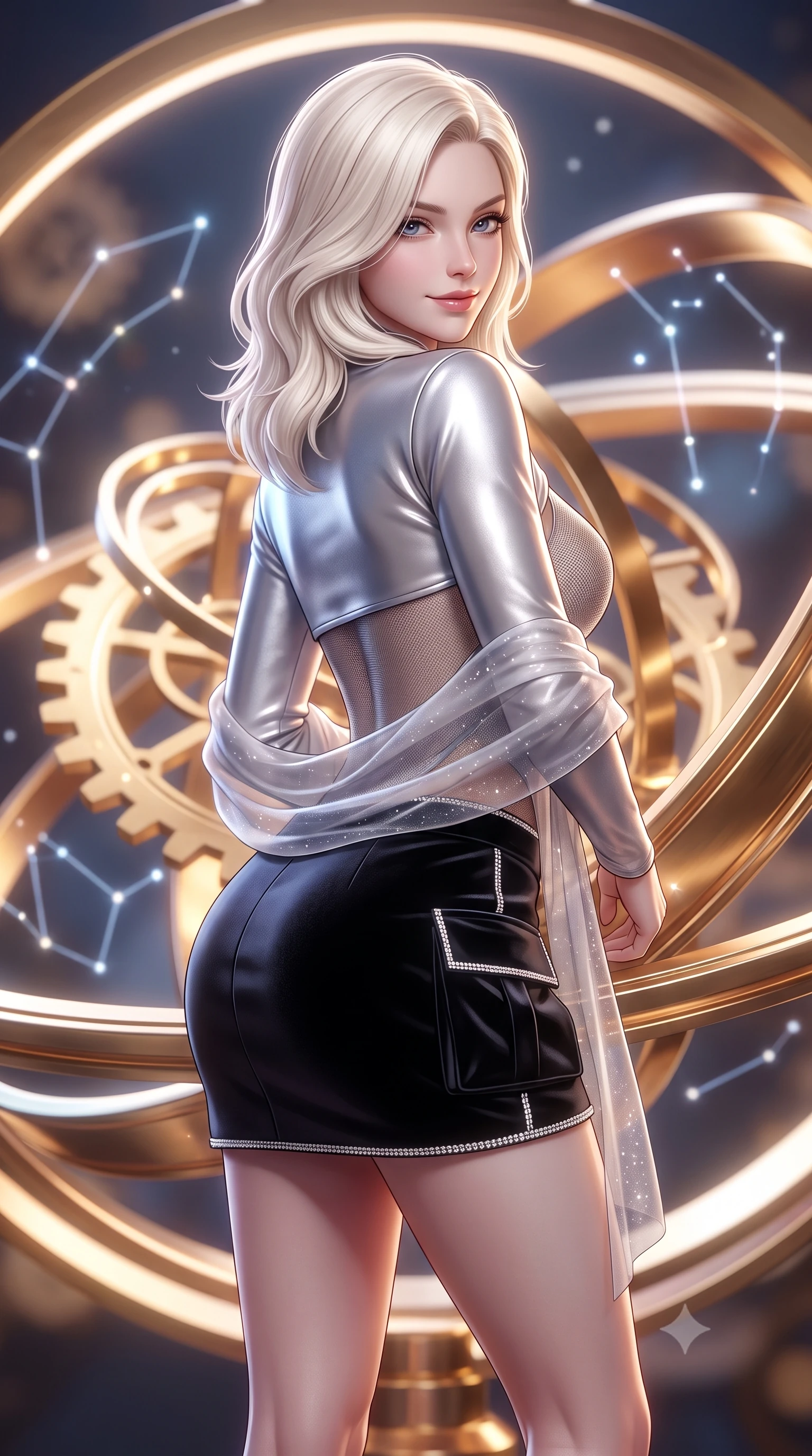 score_9, masterpiece, best quality, ultra-detailed, high-budget anime keyframe, semi-realistic 3D game render, editorial fashion photography, tasteful artistic composition, Caucasian woman. close-up cowboy shot from the waist and thighs up, the character dominates the composition, filling the frame with her large presence. turning over a bare shoulder with an intoxicating, teasing smile, her soft hair framing her sharp jawline as her hips angle gracefully while leaning back against the polished brass rings of a colossal rotating armillary sphere, hips tilted in a seductive contrapposto stance. The composition keeps background elements in soft focus with creamy bokeh. glowing brass astrolabe gears and constellation hologram lines softened in romantic shallow focus. She has an exceptionally elegant, slender, and willowy female figure with an ultra-slim waist, a gracefully sculpted slender torso, toned flat midriff, and rounded feminine hips creating an alluring hourglass silhouette. sharp v-shaped jawline, high-bridge nose, intricate jewel-like eyes with depth, thick eyelashes, glossy parted lips with a natural sheen, intensely captivating and seductive bedroom-eyes expression, flawlessly proportioned anatomical accuracy, strict slender model proportions, natural body alignment, perfectly sculpted long slender limbs, ultra-slim waistline, clean dynamic posture without body distortion. wearing a futuristic sheer mesh bodysuit layered under a metallic silver shrug bolero and micro cargo skirt in high-contrast black velvet and diamond crystal trim, tailored from ultra-smooth duchess satin with a pearlescent celestial sheen, finished with a gossamer stardust shawl draped loosely over her elbows, the glove-like aerodynamic silhouette tightly following the natural contour of her hips and long slender legs with statuesque precision. illuminated by starlight edge lights carving her slender waist, bare collarbones, and feminine hip line. highly saturated vibrant anime colors, detailed shading with soft gradients, rich glossy textures, high-contrast stereoscopic depth, volumetric dynamic lighting, master piece, 9:16 ratio