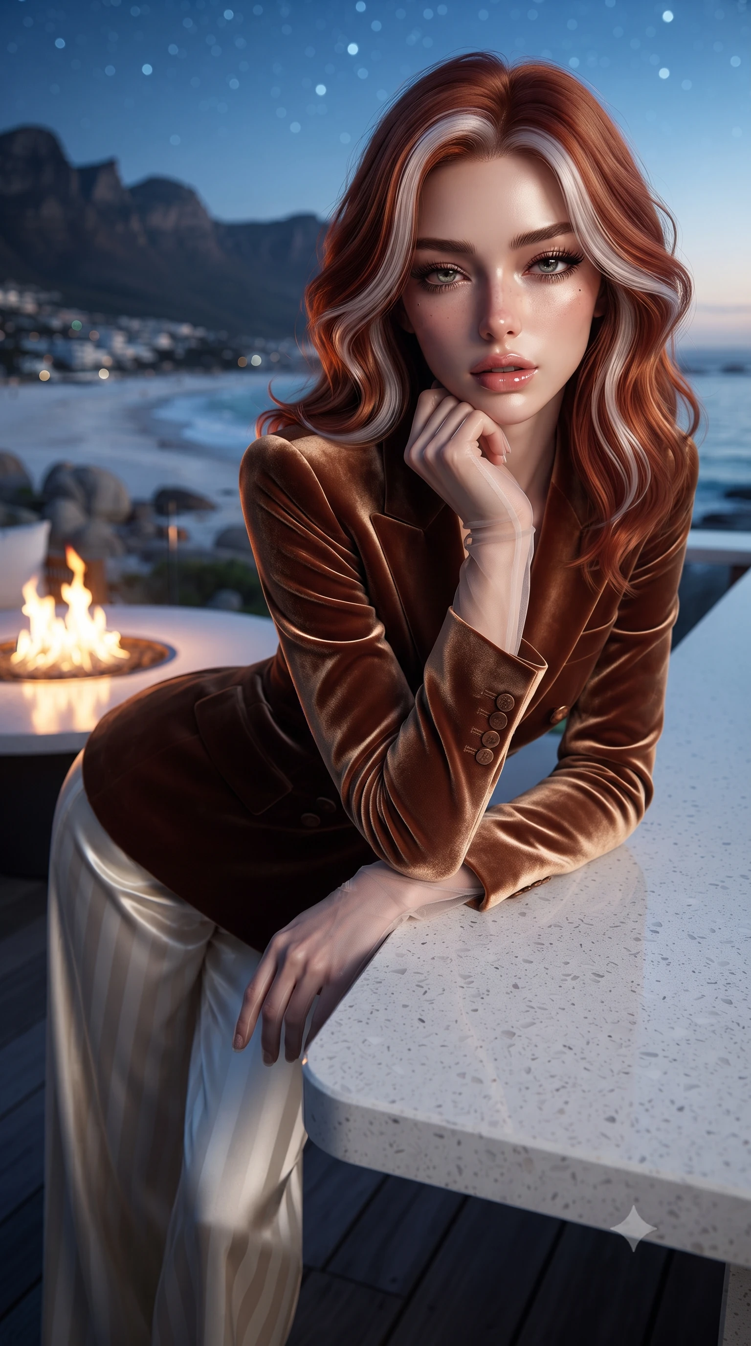 score_9, masterpiece, best quality, ultra-detailed, high-budget anime keyframe, editorial fashion photography, tasteful artistic composition, Caucasian woman. close-up cowboy shot from the waist and thighs up, the character dominates the composition, filling the frame with her large presence. resting one elbow on the table and supporting her chin, leaning close to the camera with heavy-lidded sparkling eyes and parted lips while standing poised on the polished white terrazzo deck cantilevered high over the granite boulders of Clifton 4th Beach, arching her lower back with ultra-glamorous supermodel poise. The background shows a soft-focus massive granite sea boulders pounded by turquoise Atlantic surf, white sand beaches of Clifton, and Twelve Apostles mountain peaks blurred into cyan, cobalt, and diamond bokeh. She has an exceptionally elegant, slender, and willowy female figure with an ultra-slim waist, flat toned midriff, narrow ribcage, and sculpted feminine hips creating an alluring, slim hourglass silhouette without bulk. sharp v-shaped jawline, high-bridge nose, intricate jewel-like sparkling eyes with depth, thick eyelashes, glossy parted lips with a natural peach sheen, bright cheerful beaming smile with an enchanting and coquettish sensual glint, exuding both youthful cute charm and seductive allure, flawlessly proportioned anatomical accuracy, strict slender model proportions, natural body alignment, perfectly sculpted long slender limbs, ultra-slim waistline, clean dynamic posture without body distortion. wearing a tailored Bohemian double-breasted velvet smoking jacket paired with wide-leg satin-stripe trousers in antique bronze copper and dewy ivory silk, tailored from ultra-plush silk velvet with rich tactile depth and deep shadow gradients, complemented by sheer opera-length evening gloves tracing her slender arms, the impeccably tailored cut draping gracefully along her slender figure with aristocratic poise. bathed in the dramatic contrast of warm 2200K outdoor fire pit flames and brilliant cool Atlantic starlight and twilight. ultra-reflective glossy finish, specular highlights, rich textural contrasts, high-contrast stereoscopic depth, volumetric dynamic lighting, 2k, ultra detail, master piece, 9:16 ratio