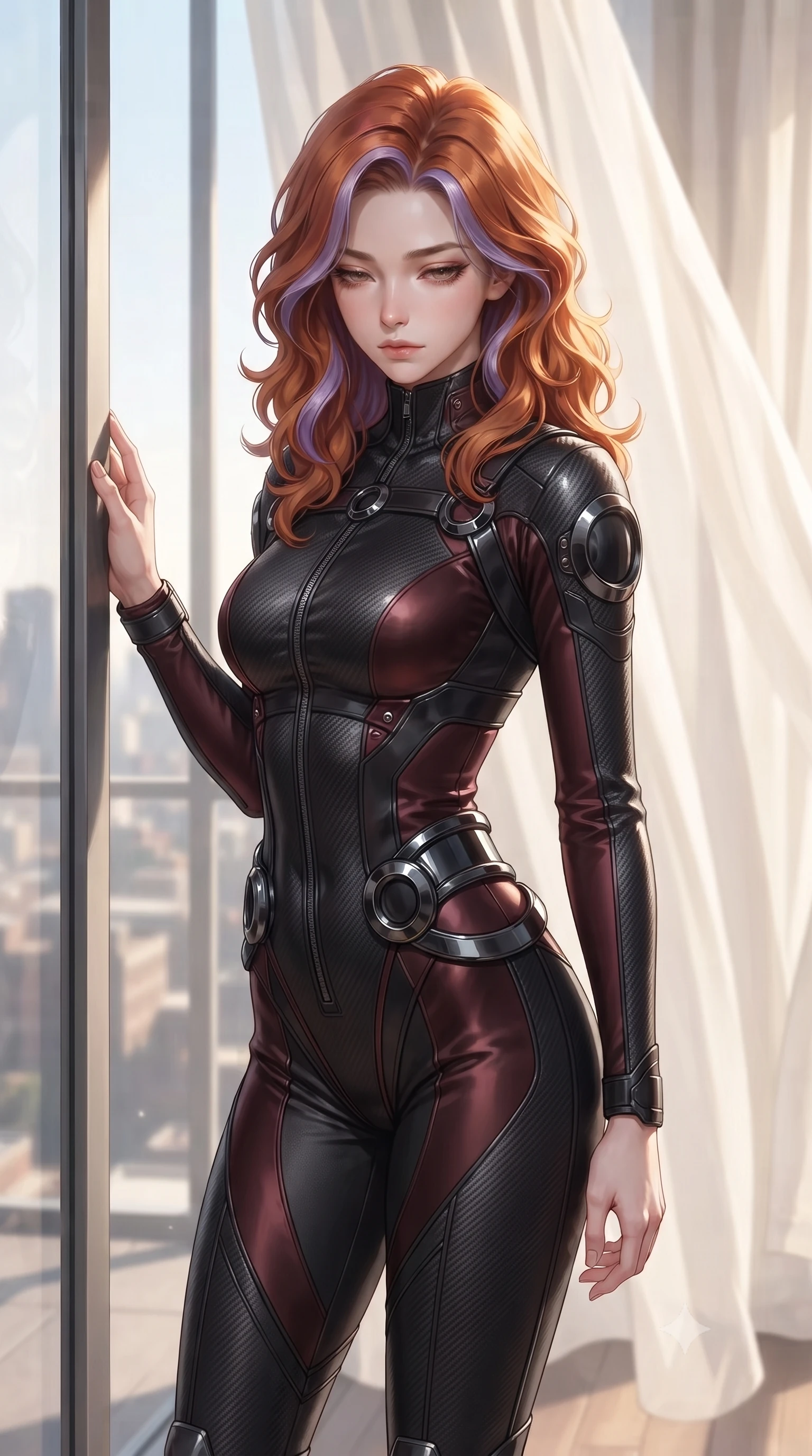 score_9, masterpiece, best quality, ultra-detailed, high-budget anime keyframe, editorial fashion photography, tasteful artistic composition, Caucasian woman. close-up cowboy shot from the waist and thighs up, the character dominates the composition, filling the frame with her large presence, background elements kept in soft focus. Looking down with lowered lashes and a composed, powerful dark aura, poised beside a floor-to-ceiling glass window framed by billowing ivory curtains, effortless elegance in her posture, stretching her vertical 9:16 framing. She has an exceptionally elegant, slender, and willowy female figure with an ultra-slim waist, a gracefully sculpted slender torso, and a refined silhouette. sharp v-shaped jawline, high-bridge nose, intricate jewel-like eyes with depth, thick eyelashes, glossy lips with a natural sheen. wearing second-skin matte carbon-fiber combat suit in onyx black in dark mahogany, made of soft crimson satin, accented with sculpted obsidian chrome rings at the waist, the fitted fabric emphasizing her ultra-slim waist. surrounded by a radiant sun-drenched ambiance with brilliant white highlights. ultra-reflective glossy finish, specular highlights, metallic sheen, high-contrast stereoscopic depth, volumetric dynamic lighting, 2k, ultra detail, master piece, 9:16 ratio