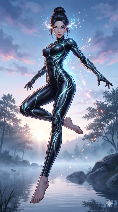 score_9, masterpiece, best quality, ultra-detailed, Set A: High-budget Anime Keyframe, Japanese woman. Low angle cowboy shot filling the entire 9:16 frame with her statuesque presence. Leaping through a misty lakeside at dawn, while her eyes glow wit