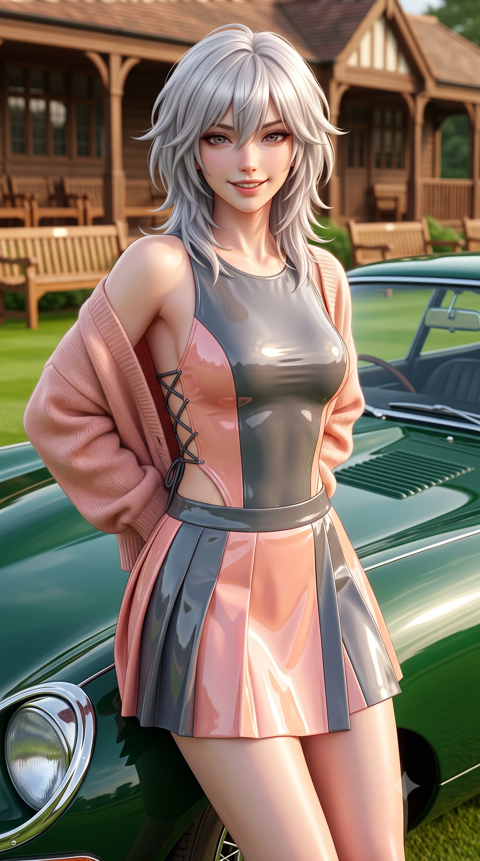 score_9, masterpiece, best quality, ultra-detailed, high-budget anime keyframe, semi-realistic 3D game render, editorial fashion photography, tasteful artistic composition, Japanese woman. close-up cowboy shot from the waist and thighs up, the character dominates the composition, filling the frame with her large presence. resting both hands lightly behind her back while leaning toward the lens with a cheerful, teasing grin, her form-fitting athletic suit hugging her narrow waist and hip curve while leaning against the bonnet of a vintage British Racing Green Jaguar E-Type parked beside the clubhouse with hips cocked back, casting an alluring smile. The background shows a soft-focus classic wooden court seating and members' club pavilions softened in historic British country club shallow focus. She has an exceptionally elegant, slender, and willowy female figure with an ultra-slim waist, flat toned midriff, narrow ribcage, and sculpted feminine hips creating an alluring, slim hourglass silhouette without bulk. sharp v-shaped jawline, high-bridge nose, sparkling eyes with athletic focus and depth, thick curled eyelashes, glossy parted lips with a natural coral-peach sheen, bright confident and coquettish smile with alluring bedroom-eyes, exuding both youthful sporty vigor and sovereign high-society glamour, flawlessly proportioned anatomical accuracy, strict slender model proportions, natural body alignment, perfectly sculpted long slender limbs, ultra-slim waistline, clean dynamic posture without body distortion. wearing a backless lace-up racing leotard with side hip cutouts and a pleated wrap skirt framing her hourglass curves in pastel peach blossom and matte carbon grey, made of high-gloss reflective patent leather with mirror-like specular highlights, complemented by an oversized cashmere knit cardigan slipping off one bare shoulder, the high-waisted wrap tailoring accentuating her ultra-slim waistline and the enchanting curve of her feminine hips with alluring sporty charm. illuminated by emerald grass bounce fill and crisp white-gold rim lighting defining her sculpted collarbones, ultra-slim waist, and curvy hips. highly saturated vibrant anime colors, detailed shading with soft gradients, rich glossy textures, high-contrast stereoscopic depth, volumetric dynamic lighting, master piece, 9:16 ratio