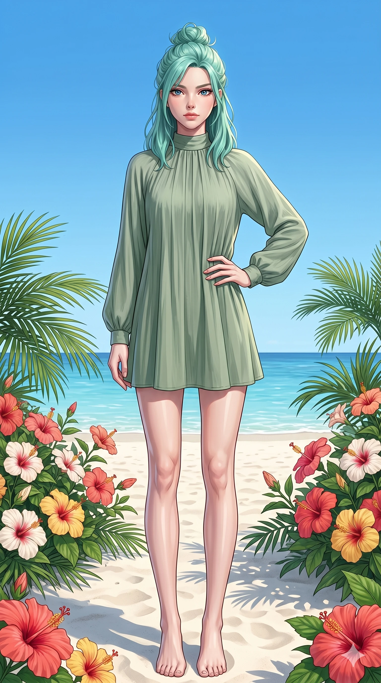 score_9, masterpiece, best quality, ultra-detailed, high-budget anime keyframe, editorial fashion photography, tasteful artistic composition, Japanese woman. cowboy shot from the thighs up, character and outfit filling the frame for maximum editorial presence. standing among tropical hibiscus, looking at the viewer with an air of superiority on a secluded white sand beach under a clear summer sky (Code-P19-061). She has an absolutely perfect 8-heads proportion, an exceptionally tall and slender female figure with impossibly long slender legs and an ultra-slim waist. V-shaped jawline, high-bridge nose, intricate jewel-like eyes with depth, thick eyelashes, glossy lips with a natural sheen. wearing a high-neck long-sleeve resort dress in a lightweight sage green cotton. bright cinematic key light tracing the sleek contours of her athletic figure in the sun. 2k, ultra detail, master piece, 9:16 ratio