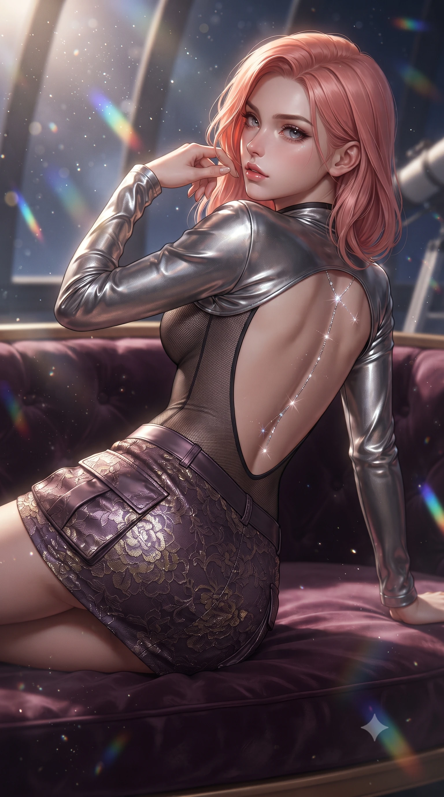 score_9, masterpiece, best quality, ultra-detailed, high-budget anime keyframe, editorial fashion photography, tasteful artistic composition, Japanese woman. close-up cowboy shot from the waist and thighs up, the character dominates the composition, filling the frame with her large presence. arching her spine backward with effortless dancer poise, one hand sliding along her hip line as directional light carves specular highlights along her silhouette while reclining on a velvet-lined observation platform propped on one elbow, looking back over her shoulder with an intoxicating bedroom-gaze. The composition keeps background elements in soft focus with creamy bokeh. floating stardust flecks and prismatic telescope lens refractions scattering ethereal light motes. She has an exceptionally elegant, slender, and willowy female figure with an ultra-slim waist, a gracefully sculpted slender torso, toned flat midriff, and rounded feminine hips creating an alluring hourglass silhouette. sharp v-shaped jawline, high-bridge nose, intricate jewel-like eyes with depth, thick eyelashes, glossy parted lips with a natural sheen, intensely captivating and seductive bedroom-eyes expression, flawlessly proportioned anatomical accuracy, strict slender model proportions, natural body alignment, perfectly sculpted long slender limbs, ultra-slim waistline, clean dynamic posture without body distortion. wearing a futuristic sheer mesh bodysuit layered under a metallic silver shrug bolero and micro cargo skirt in dusky celestial plum and antique brass gold, formed from shimmering floral lace over smooth opaque silk lining, accented with a glittering crystal constellation back chain tracing her bare spine, the dramatically scooped open back descending to the base of her spine, accentuating her razor-sharp statuesque lines and curvy hourglass silhouette. surrounded by a celestial, immortal, and deeply hypnotic cosmos sovereign aura. ultra-reflective glossy finish, specular highlights, rich textural contrasts, high-contrast stereoscopic depth, volumetric dynamic lighting, 2k, ultra detail, master piece, 9:16 ratio