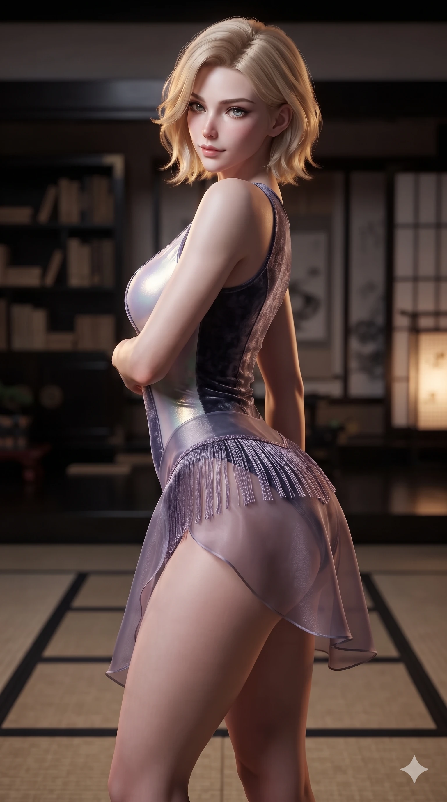 score_9, masterpiece, best quality, ultra-detailed, high-budget anime keyframe, editorial fashion photography, tasteful artistic composition, Caucasian woman. close-up cowboy shot from the waist and thighs up, the character dominates the composition, filling the frame with her large presence. twisting her slender torso in a deep contrapposto stance, hips dramatically shifted to accentuate her feminine curves while looking past her shoulder with smoldering bedroom-eyes while stepping gracefully across the black tatami mats, her long slender legs and curvy hourglass hips commanding the scholar library. The background shows a soft-focus imperial scholar academy hall softened in scholarly sanctuary shallow focus. She has an exceptionally elegant, slender, and willowy female figure with an ultra-slim waist, flat toned midriff, narrow ribcage, and sculpted feminine hips creating an alluring, slim hourglass silhouette without bulk. sharp v-shaped jawline, high-bridge nose, sparkling eyes with hypnotic seductive depth, thick curled eyelashes, glossy parted lips with a natural dewy peach sheen, alluring bedroom-eyes with an enchanting coquettish smile, exuding magnetic siren charisma and sophisticated glamour, flawlessly proportioned anatomical accuracy, strict slender model proportions, natural body alignment, perfectly sculpted long slender limbs, ultra-slim waistline, clean dynamic posture without body distortion. wearing a provocative sheer nobang organza wrap overskirt layered over a form-fitting silk leotard with bare hip flanks in iridescent mother-of-pearl and misty lavender, tailored from crushed dark velvet with deep light-absorbing plush texture, finished with delicate silk fringe trim fluttering along her hip line with kinetic charm, the liquid-tight tailored fabric clinging flawlessly to her narrow waist and rounded feminine hips, emphasizing every millimeter of her sculpted slim hourglass curves without any bulky heaviness. illuminated by black lacquer desk bounce and sharp warm-amber rim lights sculpting her razor-sharp jawline, narrow waist, and curvy hips. ultra-reflective glossy finish, specular highlights, rich textural contrasts, high-contrast stereoscopic depth, volumetric dynamic lighting, 2k, ultra detail, master piece, 9:16 ratio