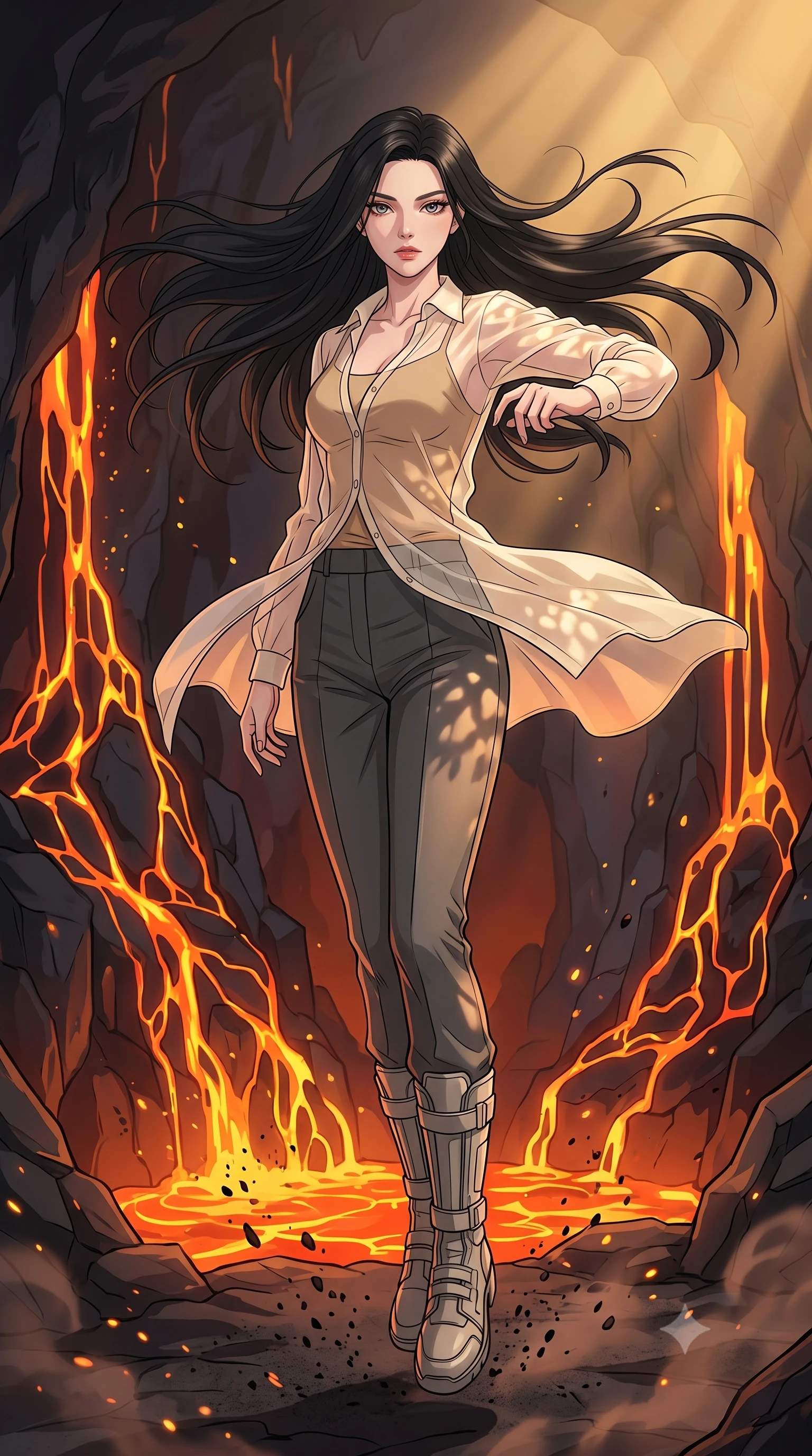 score_9, masterpiece, best quality, ultra-detailed, high-budget anime keyframe, clean line-art, cel-shading, Korean woman. low angle full-body shot from head to toe showing her feet, filling the entire 9:16 vertical frame with her statuesque presence, stretching her vertical silhouette. spinning mid-air with intense momentum to deliver a decisive strike within deep inside a volcano where lava flows in glowing orange patterns down dark basalt walls, volcanic glass crunching underfoot. She has a statuesque 8.5-heads proportion, an exceptionally tall, slender and willowy model-like build with impossibly long legs and a highly sculpted ultra-slim waist. sharp v-shaped jawline, high-bridge nose, intricate jewel-like eyes with depth, thick eyelashes, glossy lips with a natural sheen. wearing tailored for maximum mobility, sleek form-contouring panels that allow fluid movement, a slim-fit semi-transparent cream organza oversized shirt layered naturally over a tan-colored camisole top, paired with tailored trousers. warm golden afternoon sunbeams casting soft organic leaf shadows across her skin. highly saturated vibrant anime colors, intense vivid color palette, volumetric dynamic lighting, 2k, ultra detail, master piece, 9:16 ratio