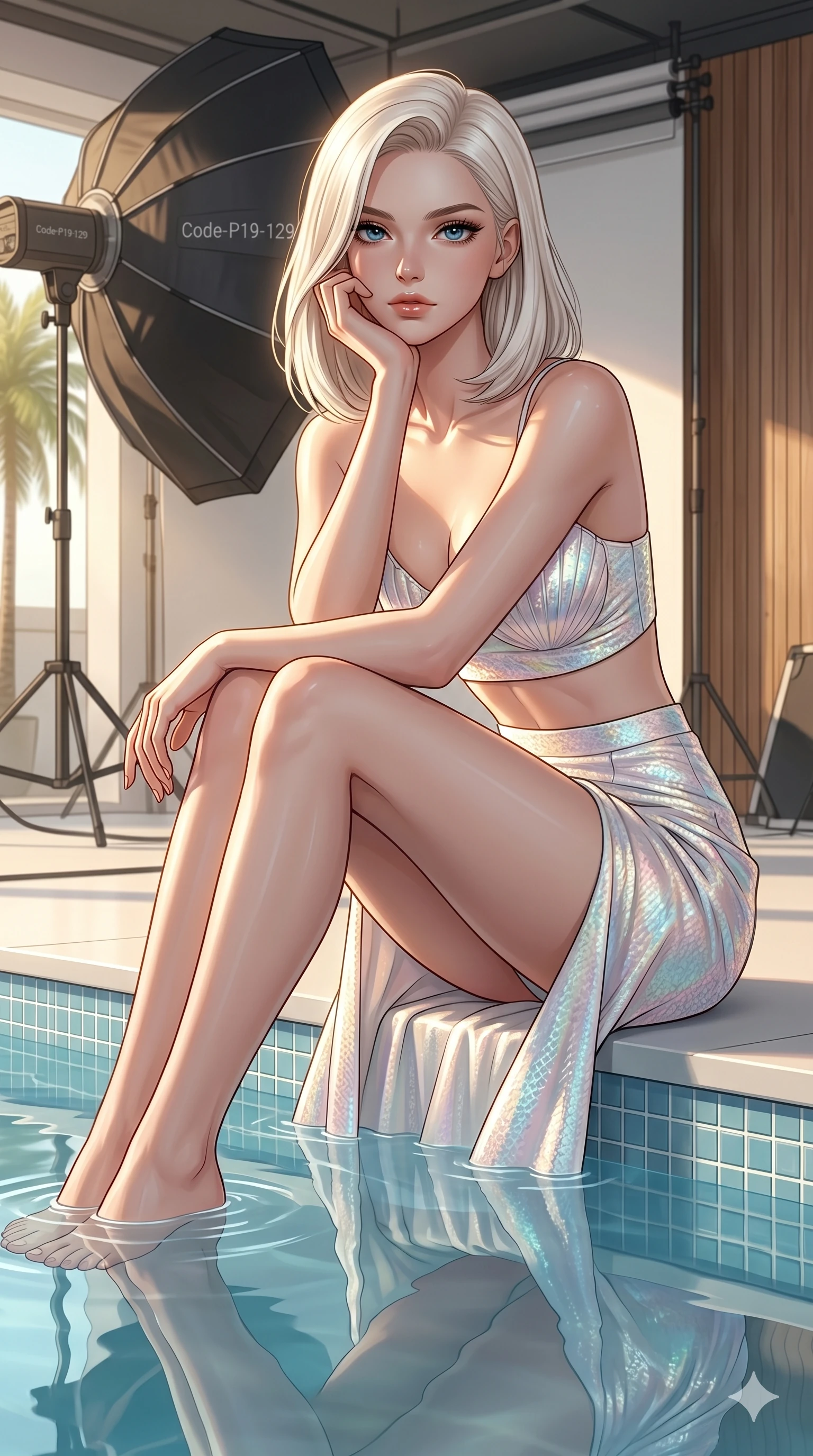 score_9, masterpiece, best quality, ultra-detailed, high-budget anime keyframe, editorial fashion photography, tasteful artistic composition, Caucasian woman, strictly human ears. cowboy shot from the thighs up, character and outfit filling the frame for maximum editorial presence. sitting near the pool, resting her chin on her hand, looking directly into the camera inside a professional beach photo studio with a large reflector (Code-P19-129). She has an absolutely perfect 8-heads proportion, an exceptionally tall and slender female figure with impossibly long slender legs and an ultra-slim waist. V-shaped jawline, high-bridge nose, intricate jewel-like eyes with depth, thick eyelashes, glossy lips with a natural sheen. wearing a resort set with exposed waist and high-slit skirt in seashell laminate. drenched in soft morning sunshine, tracing her bare shoulders and clavicle lines. 2k, ultra detail, master piece, 9:16 ratio