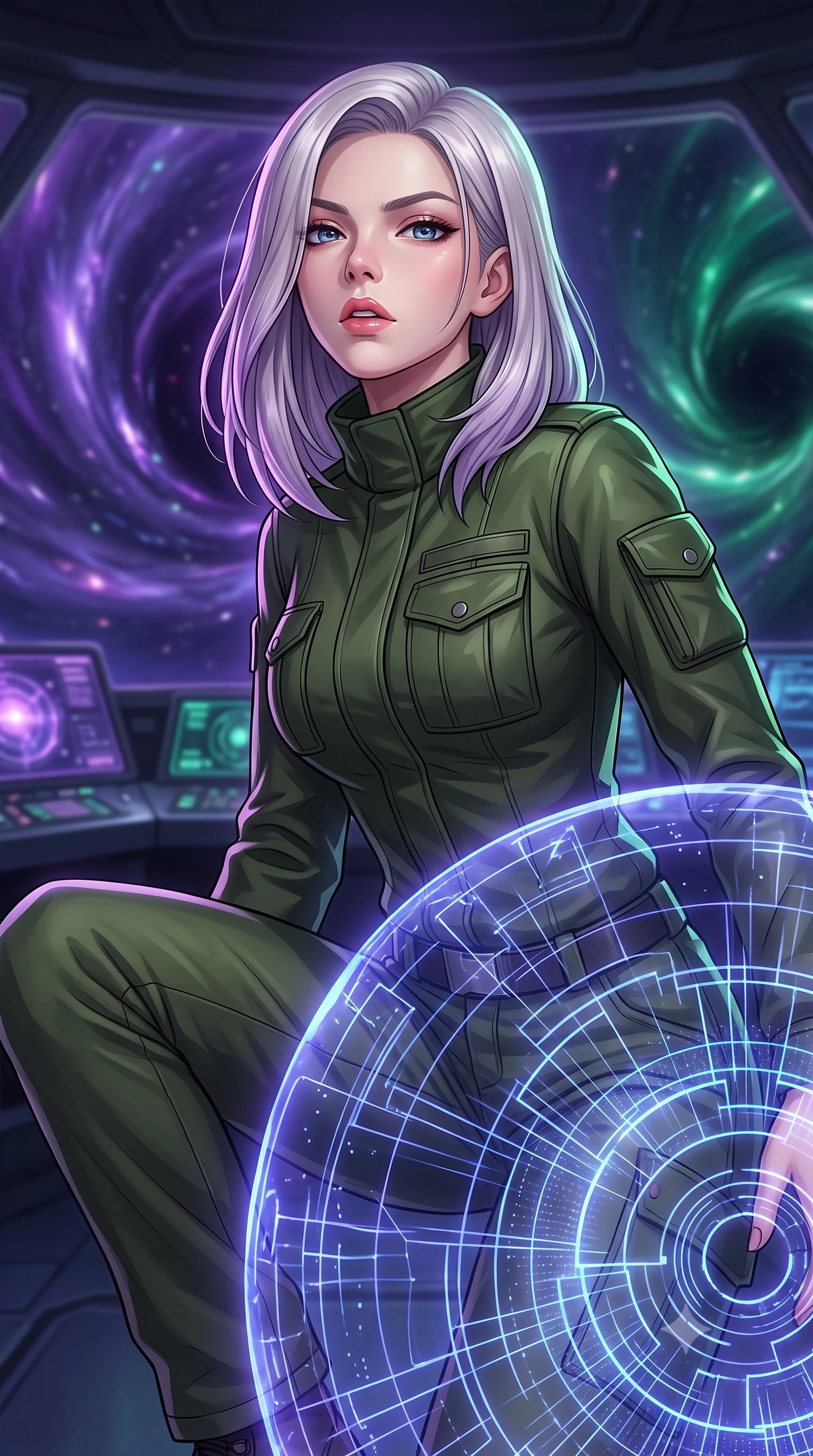 score_9, masterpiece, best quality, ultra-detailed, high-budget anime keyframe, editorial fashion photography, tasteful artistic composition, Caucasian woman. close-up cowboy shot from the waist and thighs up, the character dominates the composition, filling the frame with her large presence, background elements kept in soft focus. crouching slightly behind a glowing holographic shield emitter, looking up with defiance and lips slightly parted, the background shows a soft-focus the control bridge of a singularity cruiser with a panoramic window showing warps. She has an exceptionally elegant, slender, and willowy female figure with an ultra-slim waist, a gracefully sculpted slender torso, and a refined silhouette. sharp v-shaped jawline, high-bridge nose, intricate jewel-like eyes with depth, thick eyelashes, glossy lips with a natural sheen. wearing a slim-fit protective combat pilot jacket in deep olive green, featuring a high collar, utility pockets, and straight-fit trousers. the deep violet and emerald hues of a cosmic singularity bending the light. highly saturated vibrant anime colors, detailed shading with soft gradients, rich glossy textures, high-contrast stereoscopic depth, volumetric dynamic lighting, master piece, 9:16 ratio