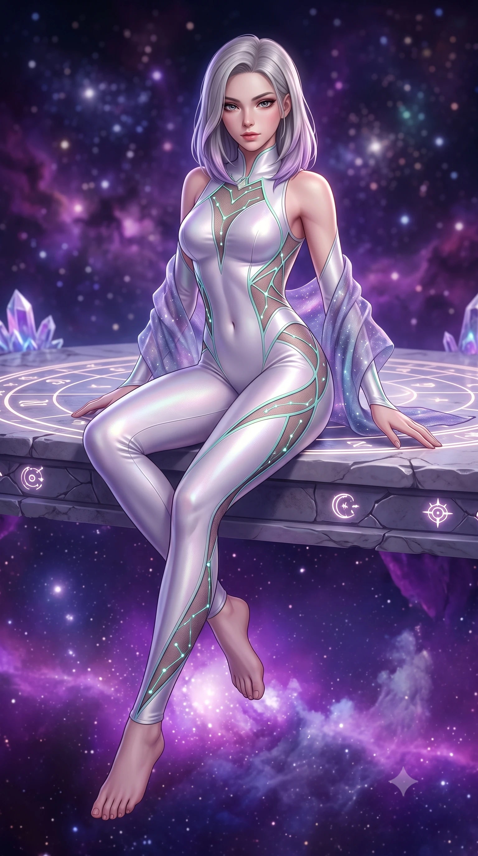 score_9, masterpiece, best quality, ultra-detailed, high-budget anime keyframe, semi-realistic 3D game render, editorial fashion photography, tasteful artistic composition, Caucasian woman. low angle full-body shot from head to toe showing her feet, filling the entire 9:16 vertical frame with her statuesque presence, stretching her vertical silhouette. sitting perched on the elevated ledge with hips angled toward the camera and legs crossed, displaying her toned midriff and flawlessly sculpted slender limbs while striding across the illuminated marble star-chart floor, hips swaying with sovereign cosmic empress charisma. The composition keeps background elements in soft focus with creamy bokeh. swirling violet and magenta nebula clouds and distant star clusters blurred into celestial indigo, pink, and diamond-white bokeh. She has an absolutely perfect, statuesque 8.5-heads proportion, an exceptionally tall and slender model-like female figure with impossibly long slender legs, a toned flat midriff, an ultra-slim waist, and beautifully sculpted feminine hips. sharp v-shaped jawline, high-bridge nose, intricate jewel-like eyes with depth, thick eyelashes, glossy parted lips with a natural sheen, intensely captivating and seductive bedroom-eyes expression, flawlessly proportioned anatomical accuracy, strict slender model proportions, natural body alignment, perfectly sculpted long slender limbs, ultra-slim waistline, clean dynamic posture without body distortion. wearing a second-skin starlight catsuit with sheer mesh constellation cutouts tracing her spine and curvy hips in glowing aurora green and midnight teal, tailored from ultra-smooth duchess satin with a pearlescent celestial sheen, finished with a gossamer stardust shawl draped loosely over her elbows, the liquid-tight tailored fabric clinging flawlessly to her narrow waist and rounded feminine hips, emphasizing every millimeter of her sculpted hourglass curves during movement. surrounded by a celestial, immortal, and deeply hypnotic cosmos sovereign aura. highly saturated vibrant anime colors, detailed shading with soft gradients, rich glossy textures, high-contrast stereoscopic depth, volumetric dynamic lighting, master piece, 9:16 ratio