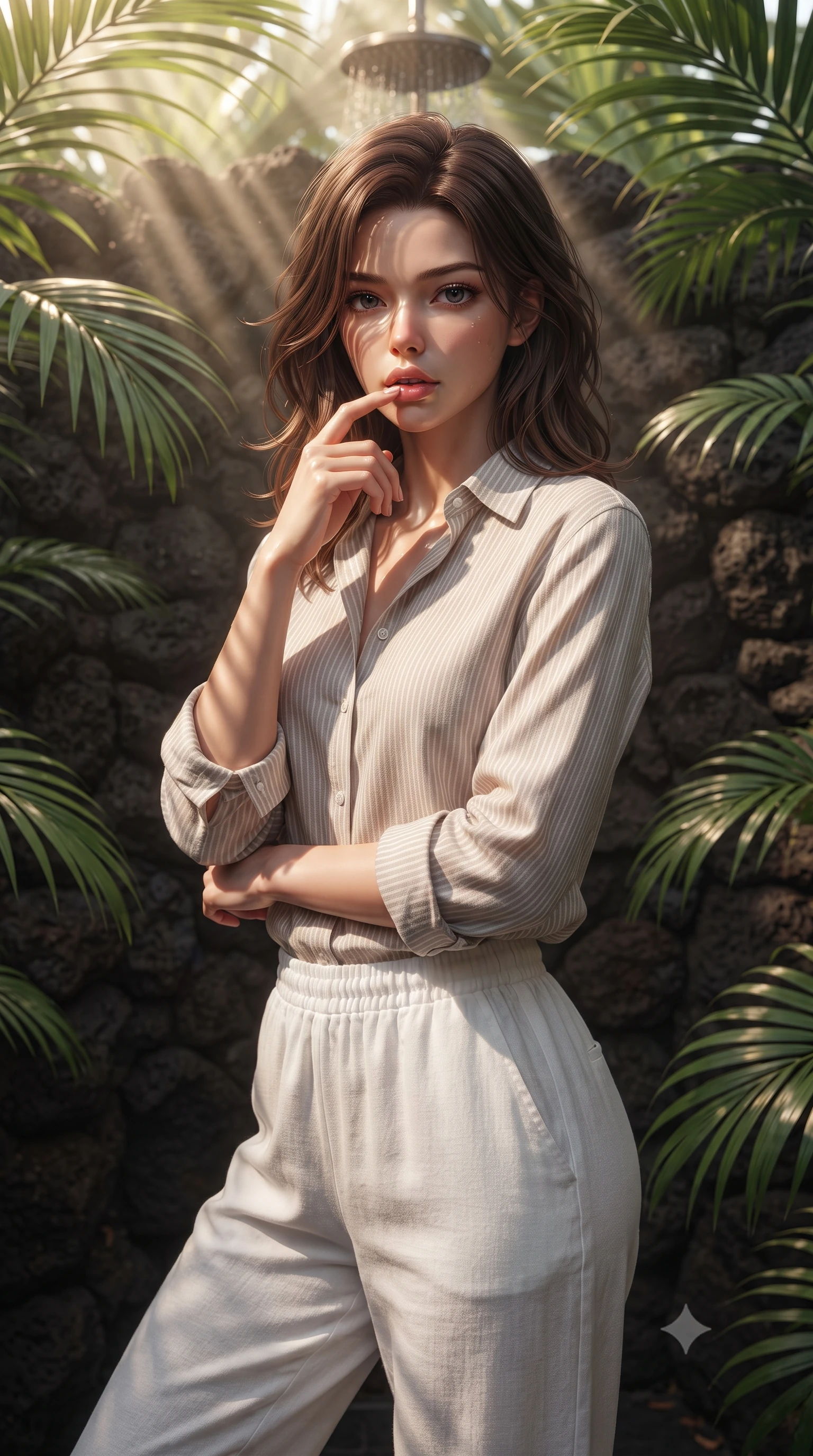 score_9, masterpiece, best quality, ultra-detailed, high-budget anime keyframe, editorial fashion photography, tasteful artistic composition, Korean woman woman. close-up cowboy shot from the waist and thighs up, the character dominates the composition, filling the frame with her large presence, background elements kept in soft focus. pressing one finger to her bottom lip in a thoughtful, seductive gesture under the warm sun the background shows a soft-focus a private outdoor shower built of volcanic rocks, surrounded by large palm leaves. She has an exceptionally elegant, slender, and willowy female figure with an ultra-slim waist, a gracefully sculpted slender torso, and a refined silhouette. sharp v-shaped jawline, high-bridge nose, intricate jewel-like eyes with depth, thick eyelashes, glossy lips with a natural sheen. wearing a tailored soft striped linen button-down shirt paired with relaxed-fit white cotton lounge pants. sun rays slicing through the palm fronds, creating dramatic volumetric shafts of light. ultra-reflective glossy finish, specular highlights, metallic sheen, high-contrast stereoscopic depth, volumetric dynamic lighting, 2k, ultra detail, master piece, 9:16 ratio